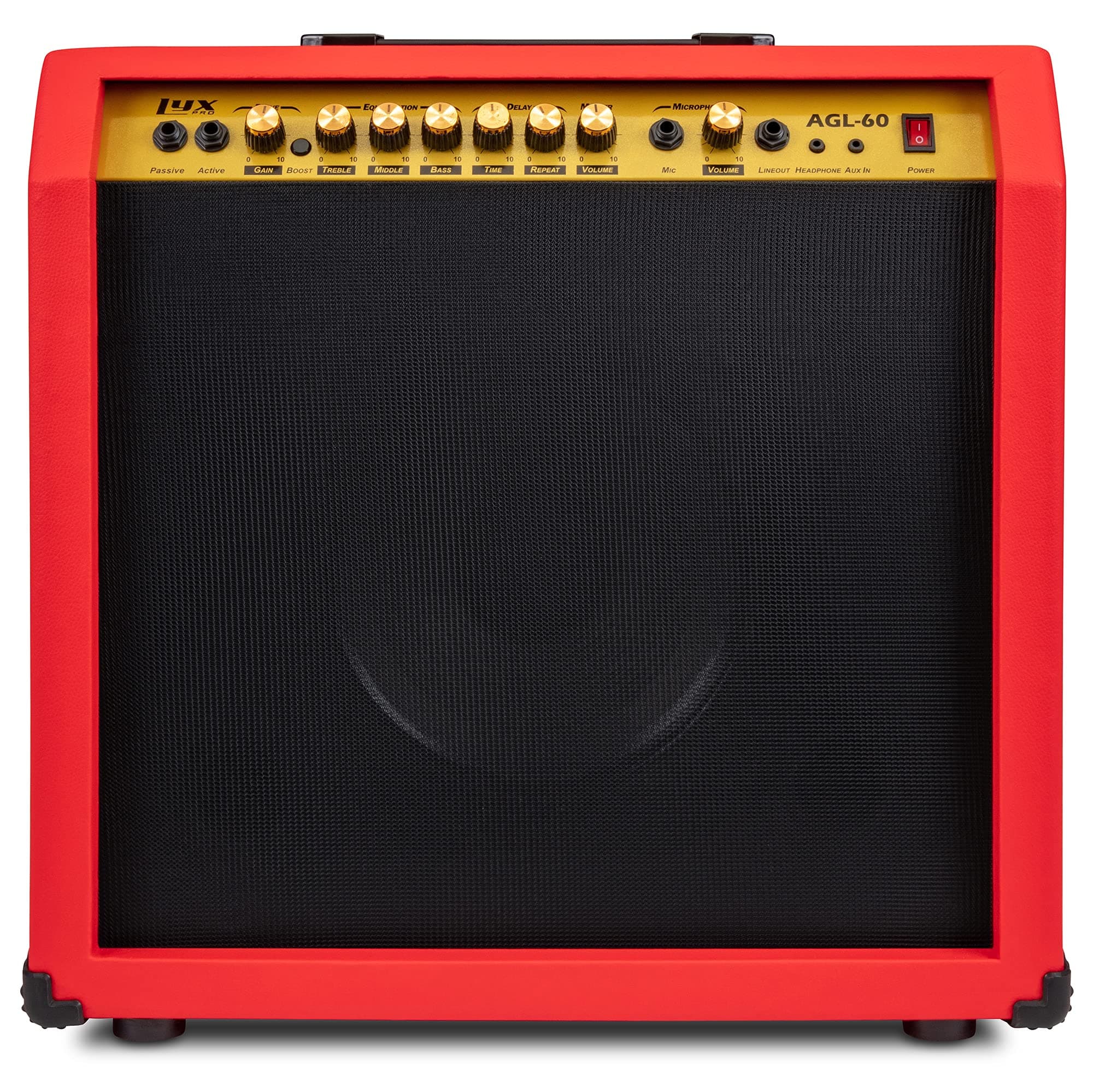 LyxPro 60 Watt Electric Guitar Amplifier | Combo Solid State Studio & Stage Amp with 10” 4-Ohm Speaker, Custom EQ Controls, Drive, Delay, ¼” Passive/Active/Mic Inputs, Aux In & Headphone Jack - Red