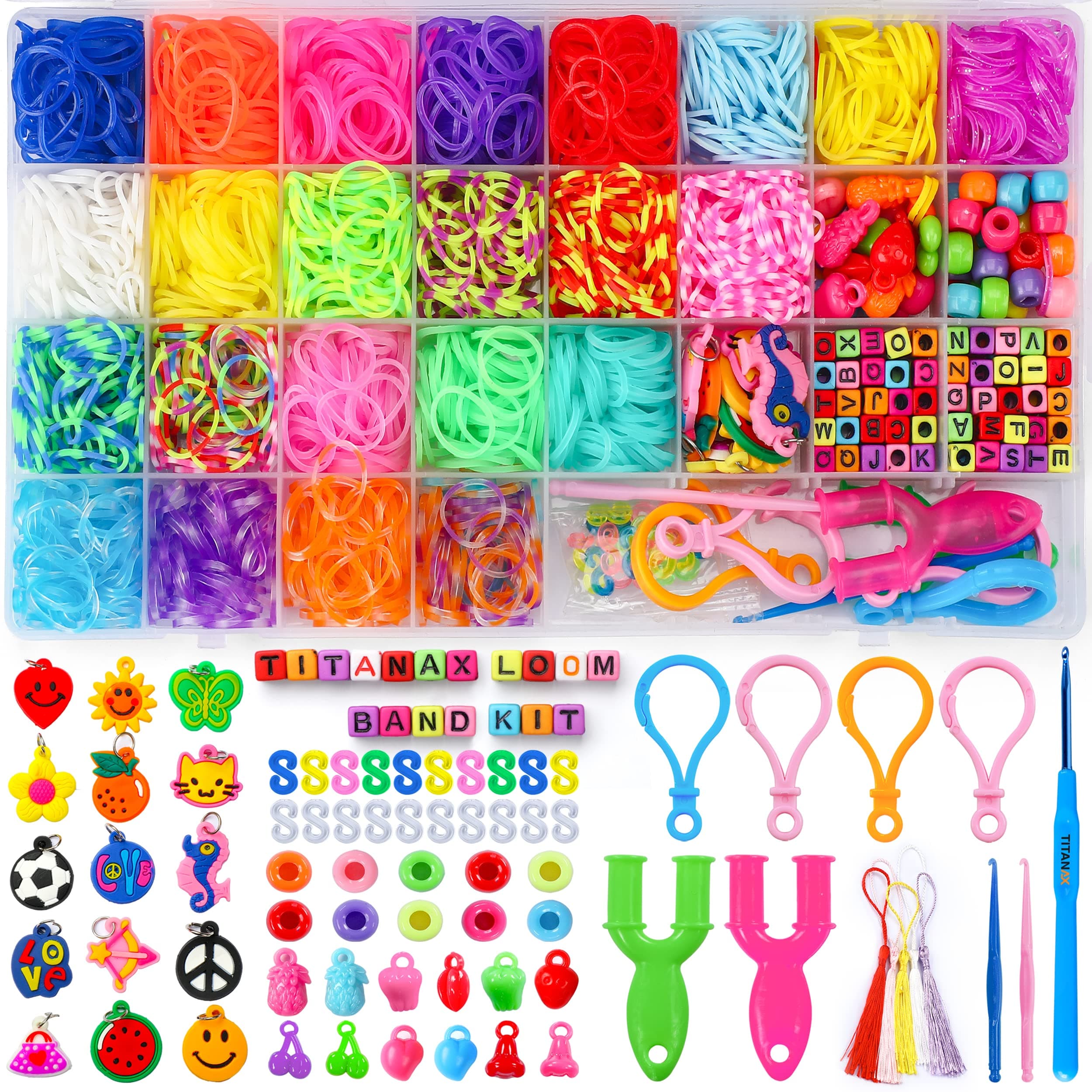 TITANAX 2200+ Loom Bands Kit with Bonus Crochet Hook for Rubber Band Bracelet Kit for Girls - Friendship Bracelet Making kit - Includes Y-Shaped Loom, Zipper Hooks, Beads, & More…