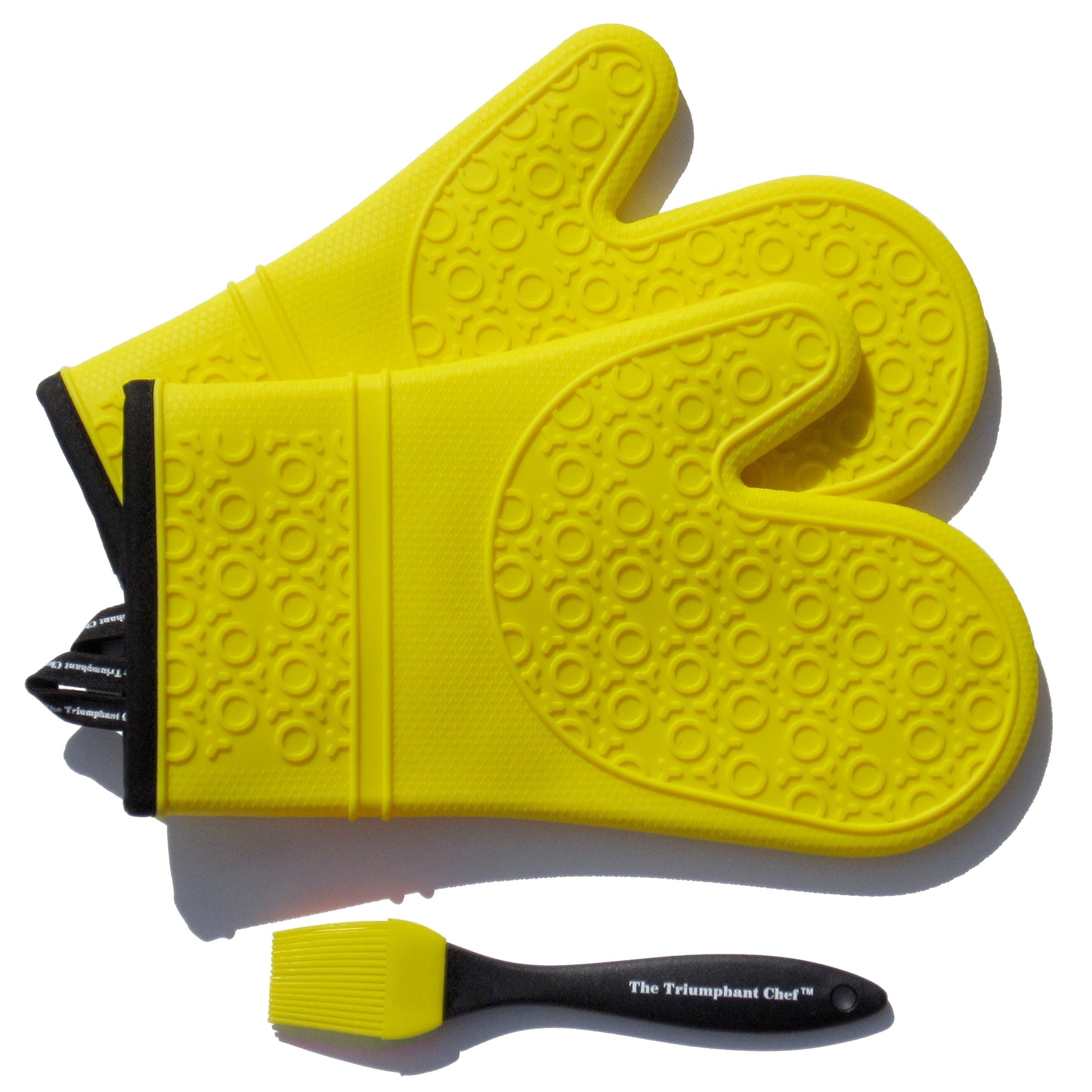 Super Flex Silicone Oven Mitt, Deluxe Quilted Liner, 1 Pair, Canary Yellow, Bonus Sauce Brush