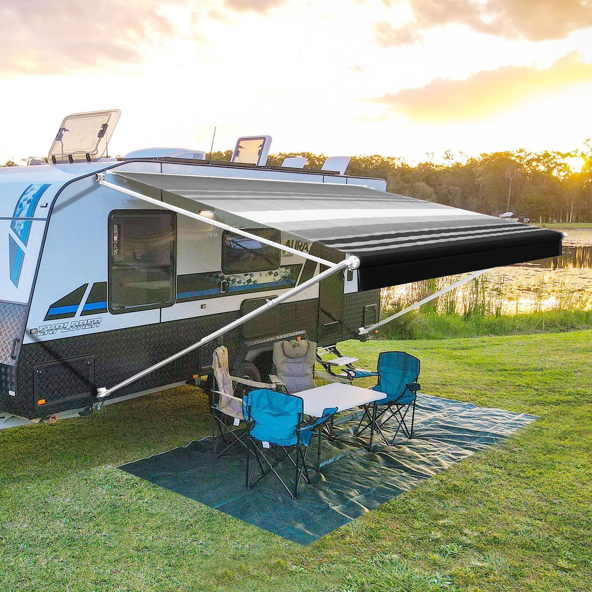 YESCAMP Manual RV Awning Complete Kit Retractable Camper Awning for RV or Trailers RV Roll Out Awning for Camper or 5th Wheel,Travel Trailers,Toy Haulers,Motohome(12Ft,White Frame,Black Stripe)