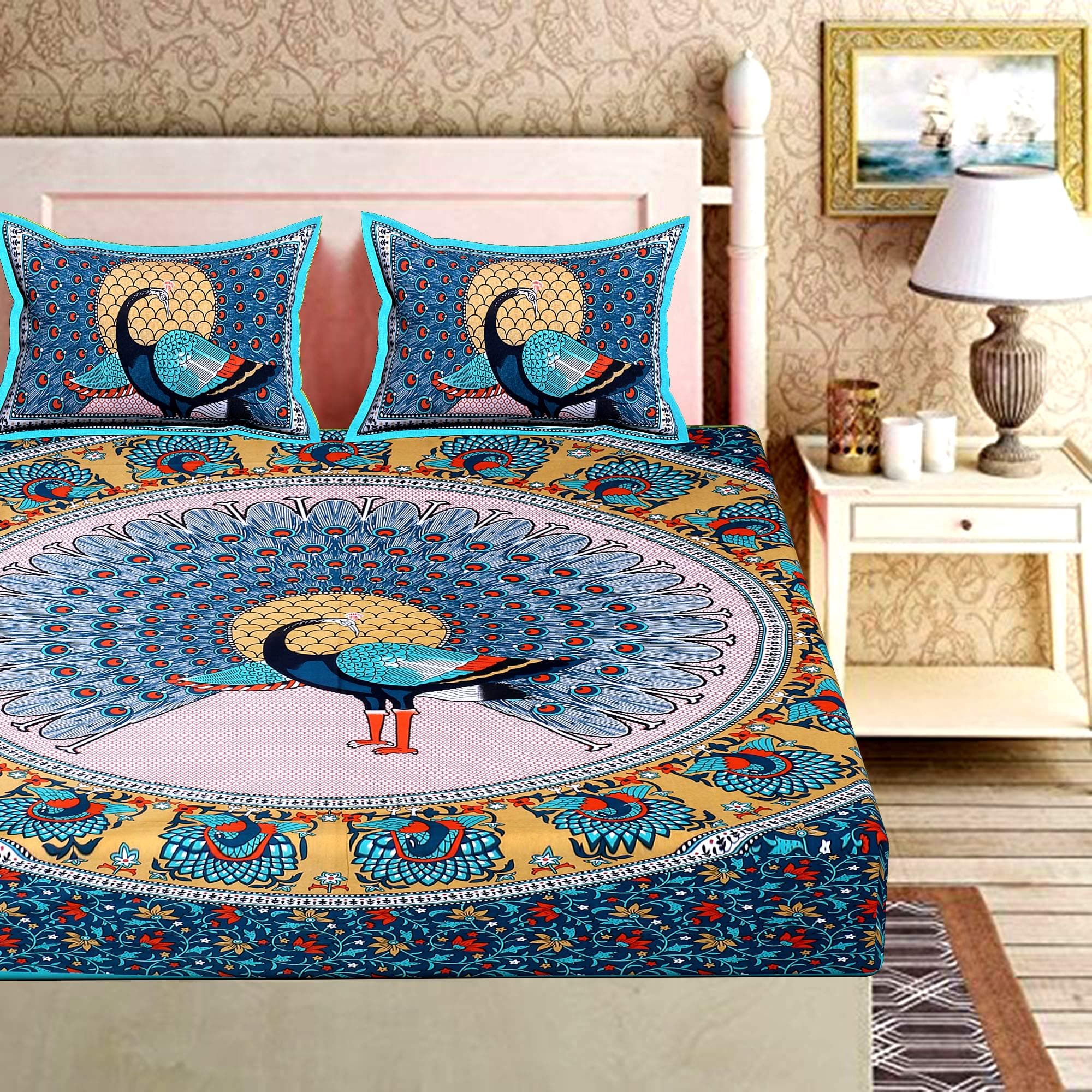 RajasthaniKart® Pure 100% Cotton Double Bed Sheet with 2 Pillow Covers (Bedsheet for Double Bed Cotton, Green More Jaipuri, King Size,731)