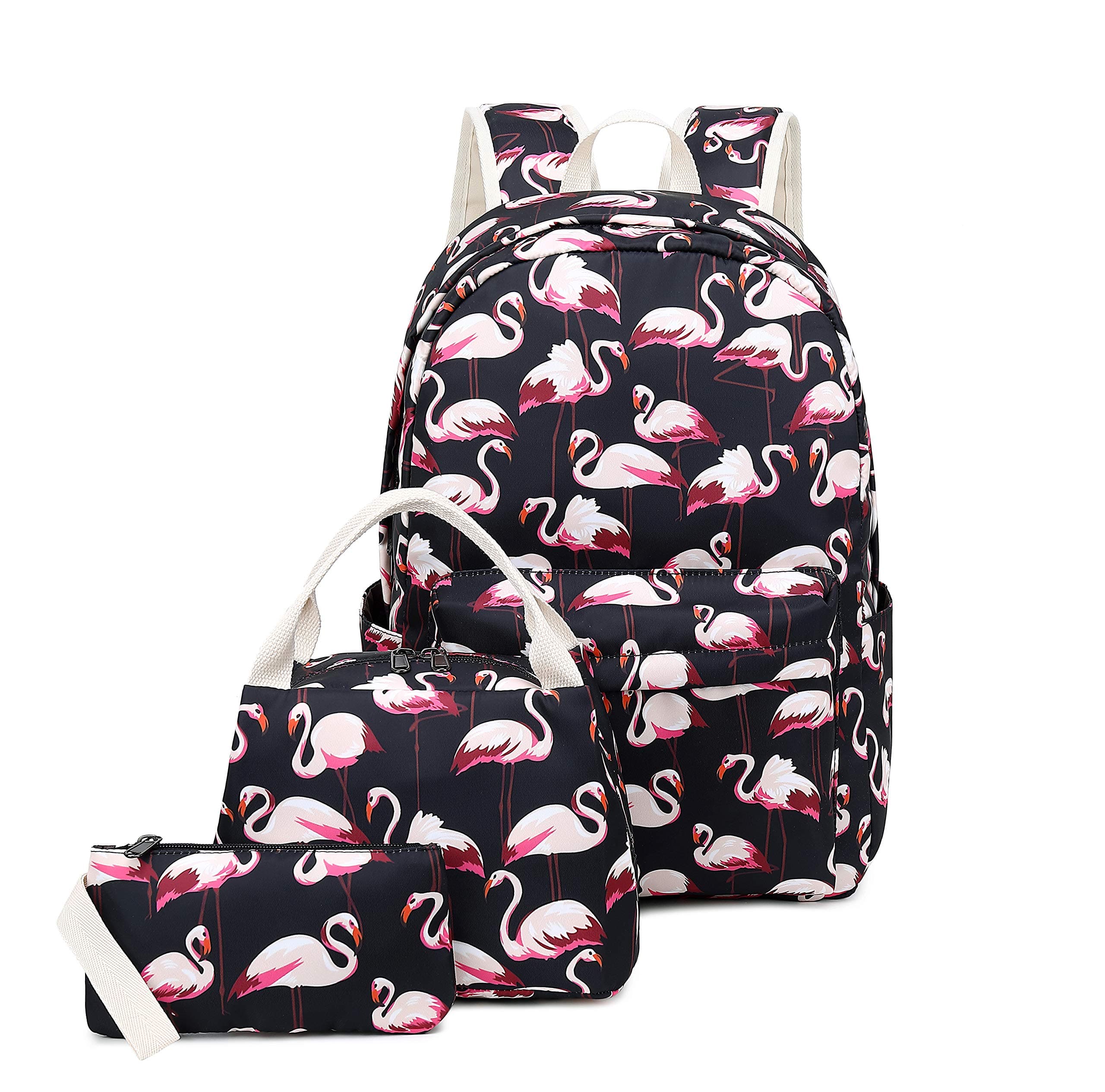 Lightweight Cute School Bag with Lunch Tote Bag and Pencil Purse School Bookbag Set, Black Flamingo, One_Size, Classic