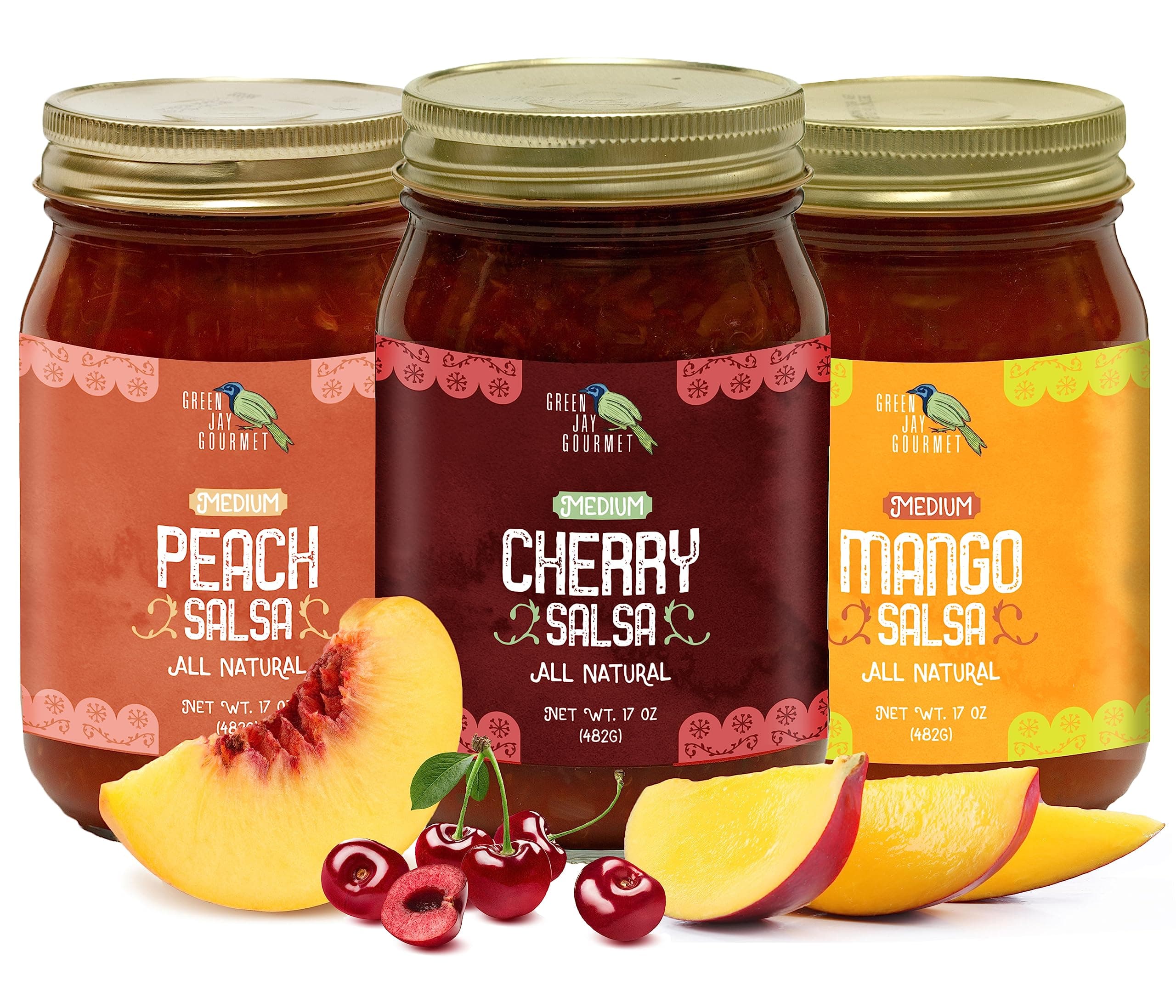 Fruity Favorites Salsa Variety Pack - Cherry Salsa, Peach Salsa, Mango Salsa - Fruit Salsa Gift Set - Medium Heat Picante Salsa - Gluten-Free Gourmet Salsa Dip - 17 Ounces, Pack of 3