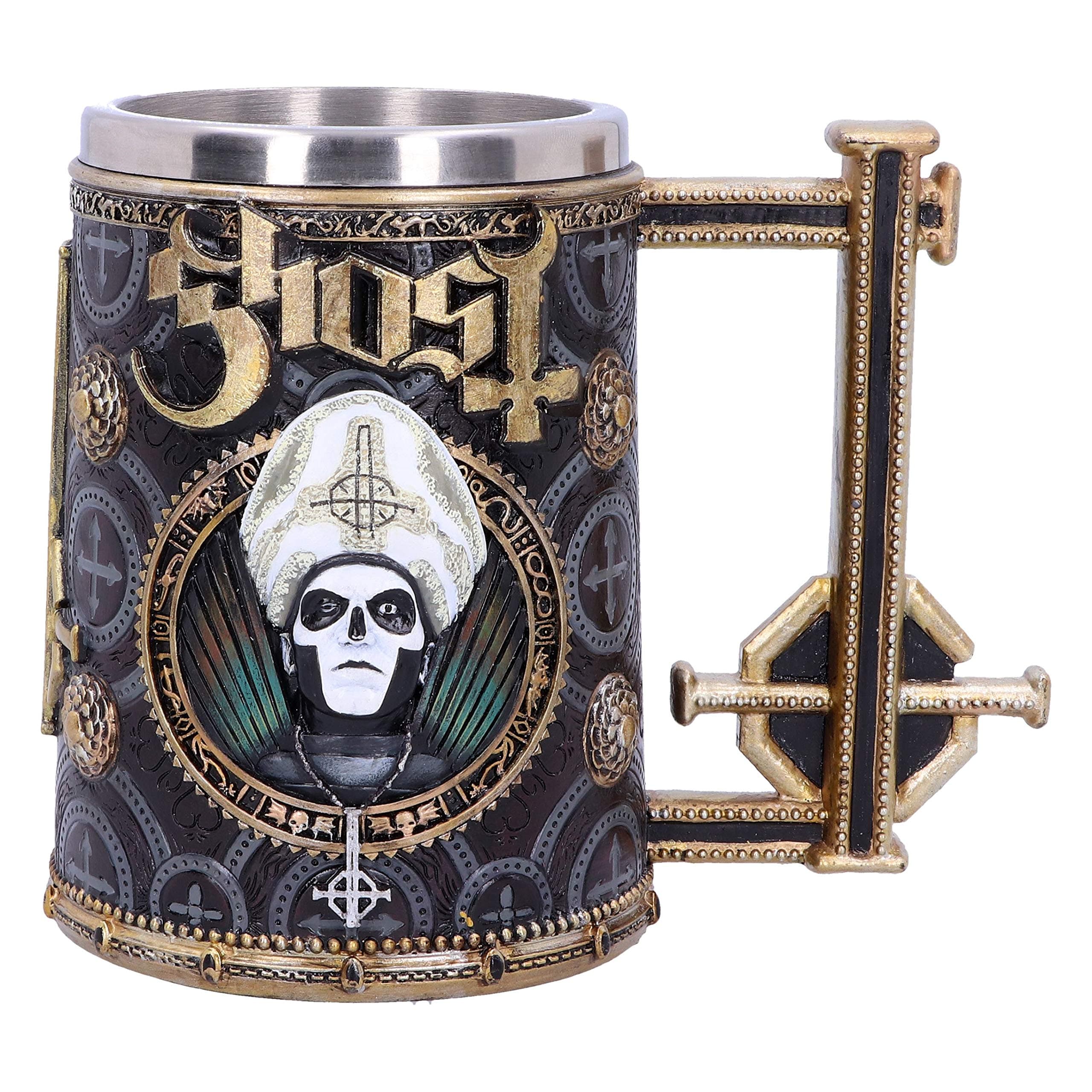 Nemesis Now Licensed Ghost Papa Emeritus III Meliora Gold Tankard, Resin w. Stainless Steel
