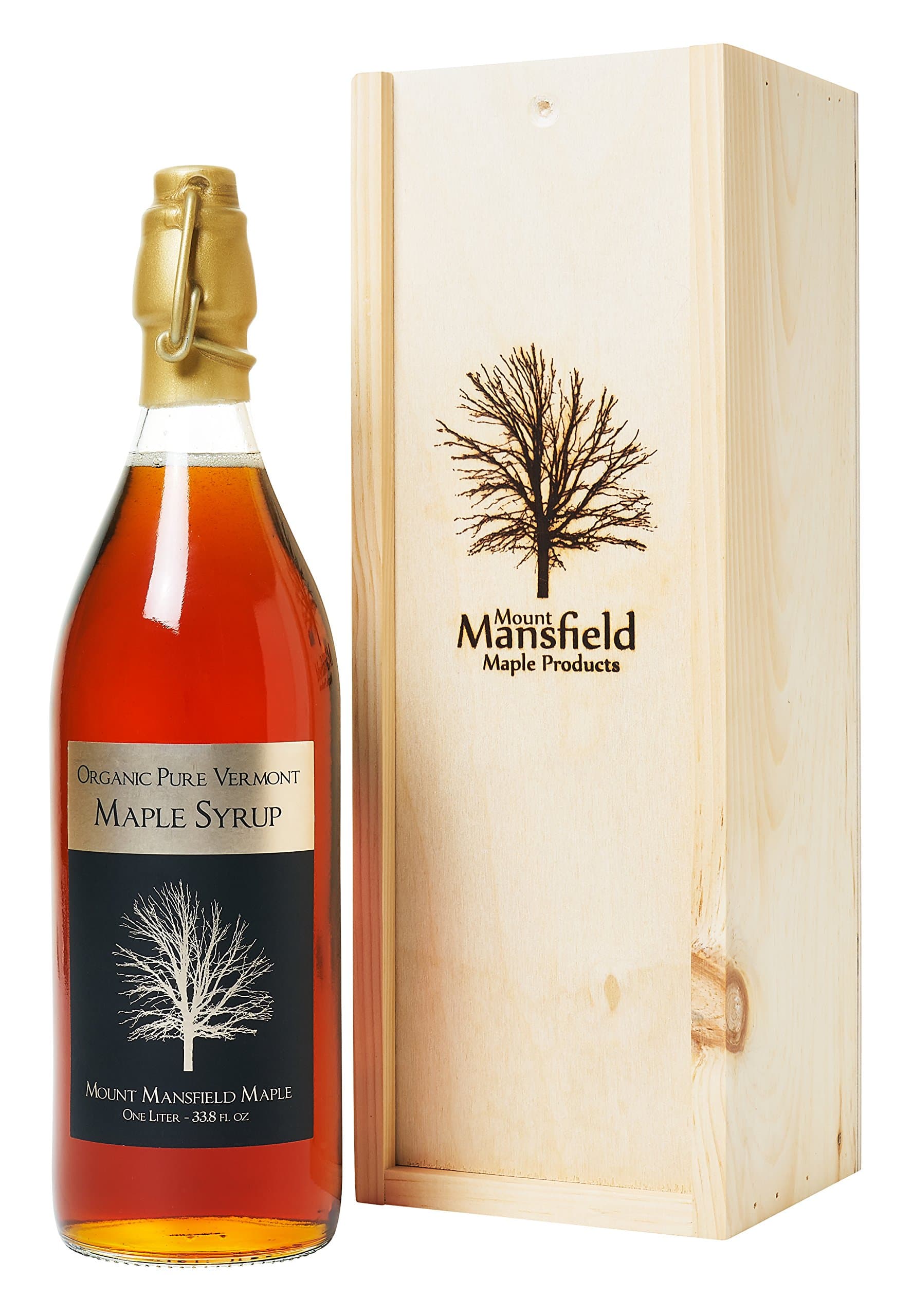 Mount Mansfield Maple Products Organic Grade A Amber Rich Pure Vermont Maple Syrup In Old-Fashioned One Liter with Wooden Gift Box