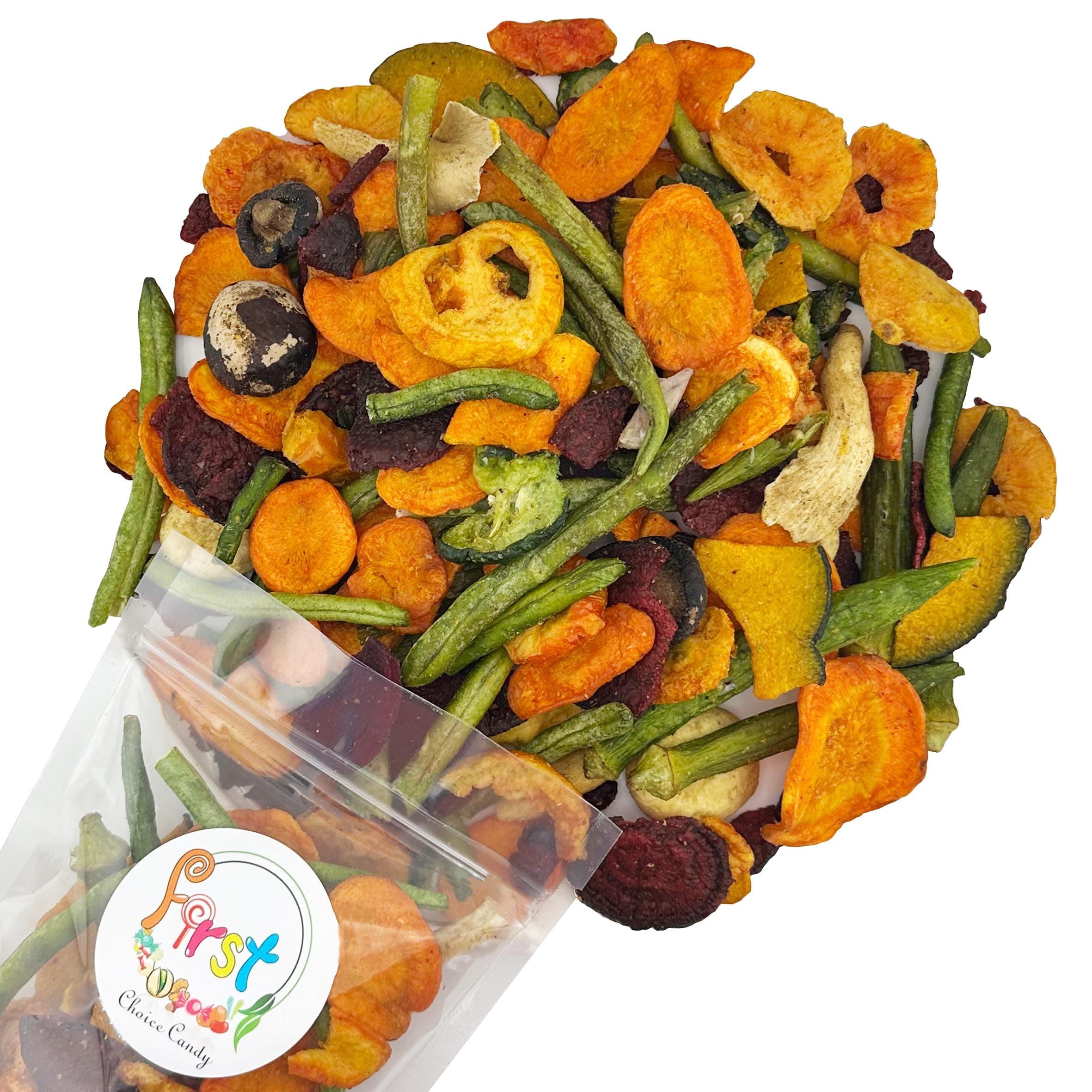 FirstChoiceCandy Super Mix Vegetable Chips, Yellow & Purple Sweet Potato, Squash, Taro, Carrot, Green Bean, Beets, Okra, Shiitake, Beets, Button & Oyster Mushrooms, Tomato, Cucumber, No Sugar or Food