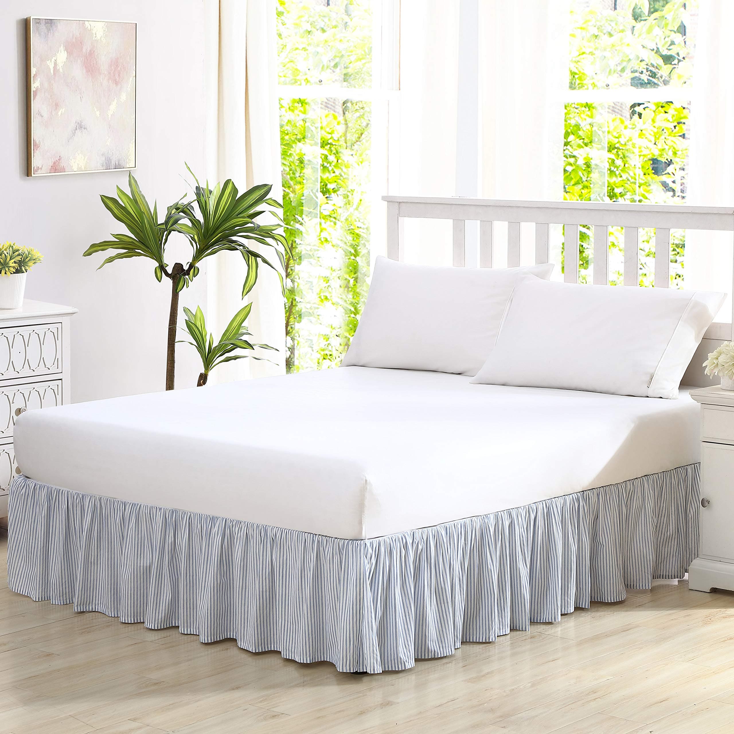 Laura Ashley - Twin Size Bedskirt, Soft Cotton Ruffled Bedding for Year Round Use, Striped Bedding with 14.5" Drop (Ticking Stripe Blue)