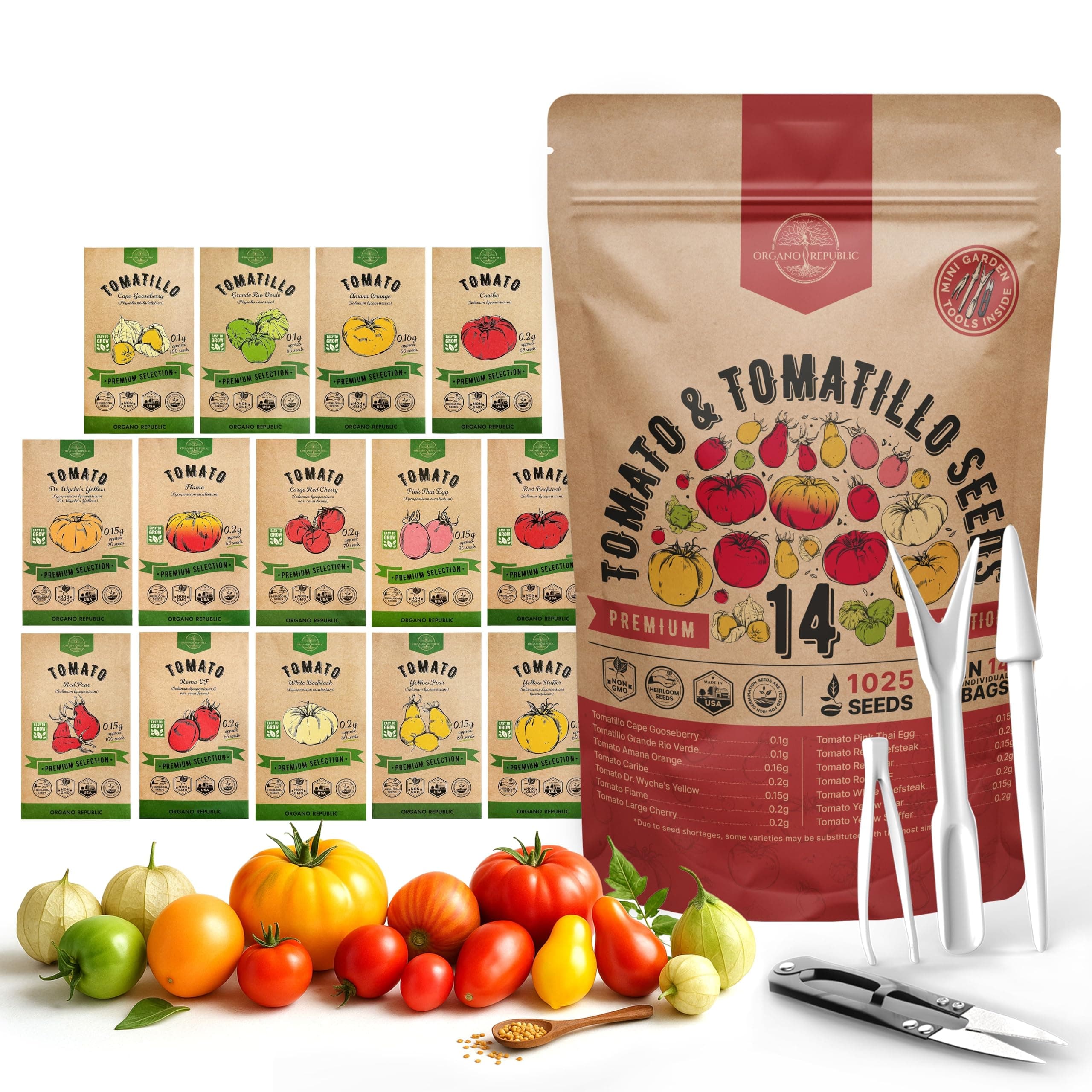 Organo Republic 14 Rare Tomato & Tomatillo Garden Seeds Variety Pack - 1,020+ Non-GMO Heirloom Tomato & Tomatillo Seeds for Outdoors & Indoor Home Gardening