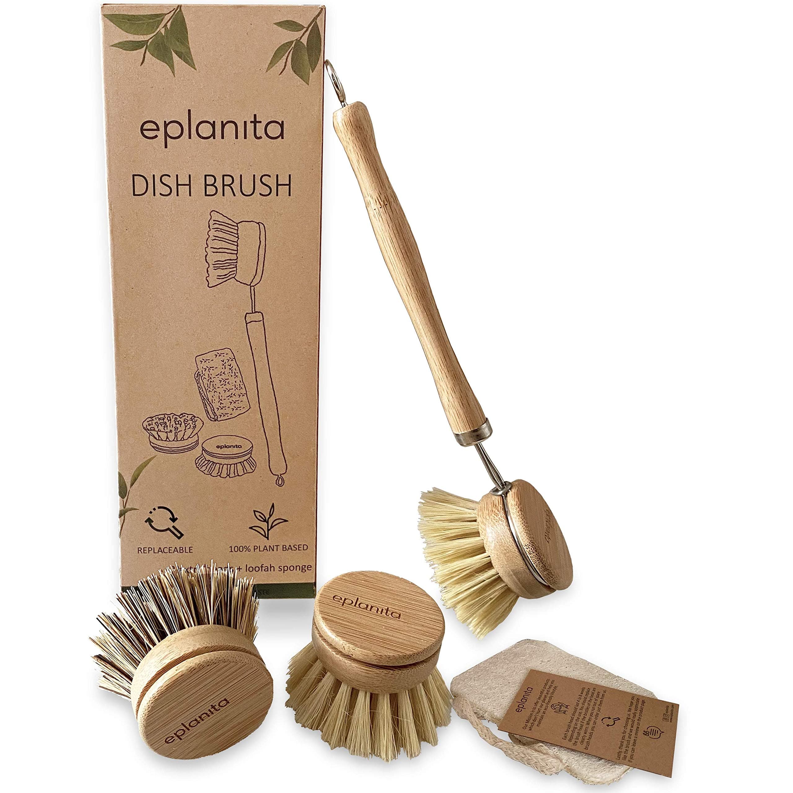 eplanita Natural Dish Brush, 3 Replacement Heads, Kitchen Eco Bamboo Scrubber Brushes, Extra Plant Sponge, Plastic Free Washing Up, Zero Waste Cleaning