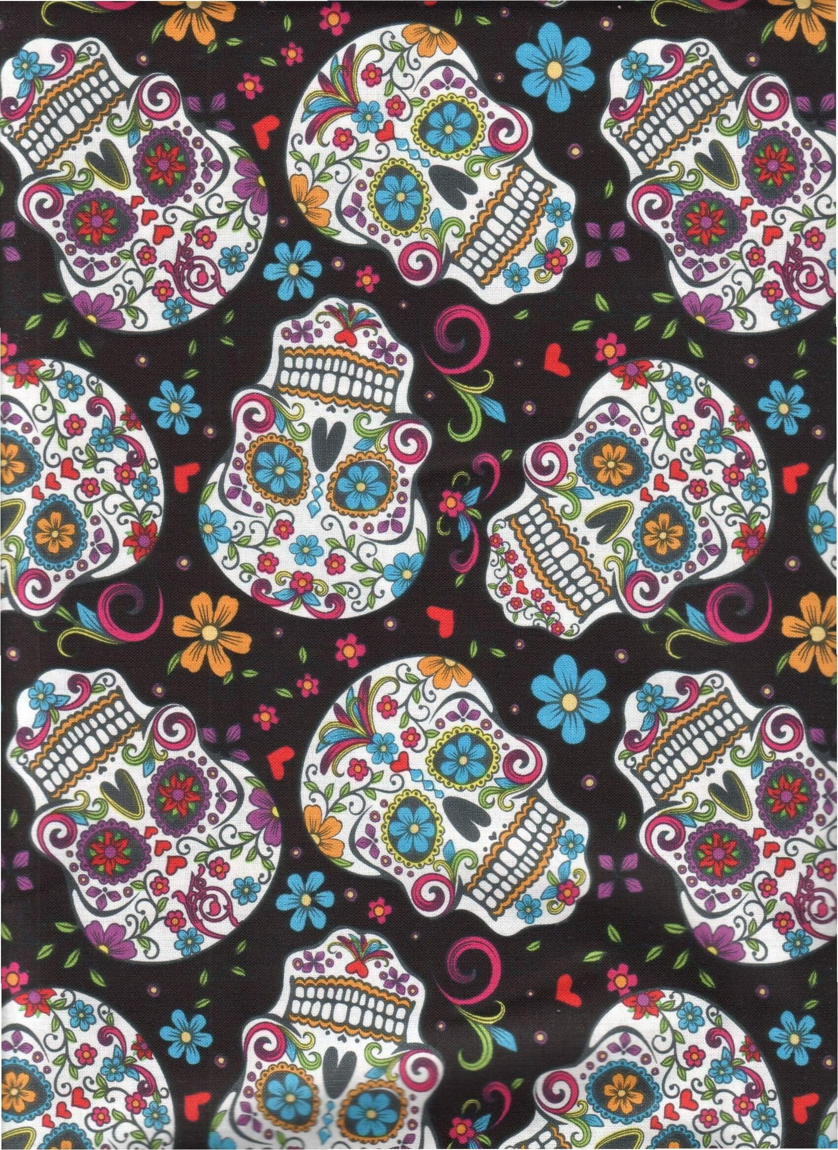 David Textiles Fabric Fun Folk Folkloric Art Skull Fabric DT-2888-2C Sugar Skulls Skull Tattoo Quilt Fabric 100% Cotton 45" Wide - Half Yard ~ On Black Background