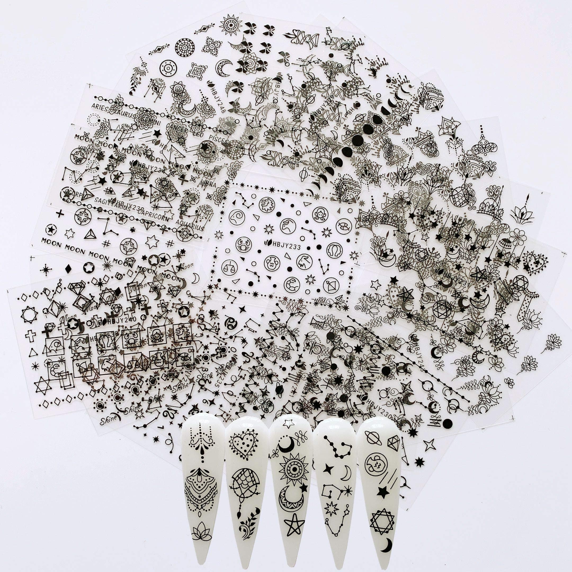 NAIL ANGEL 24 Sheets Nail Art Black Sticker Moon and Star Universal Flower Shapes Different Patterns Mix Sticker Sheets 10056