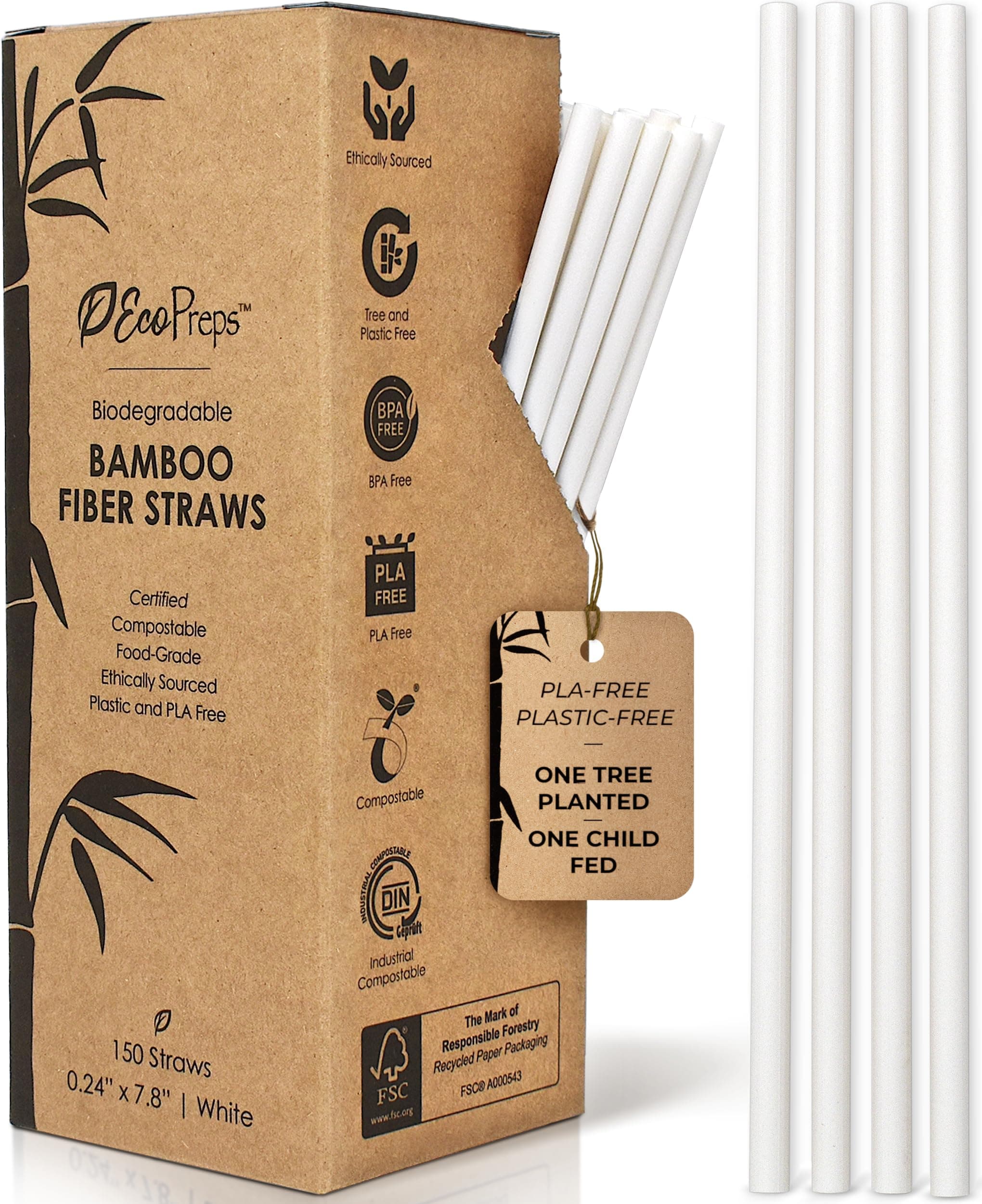 EcoPreps Biodegradable Bamboo Fiber Straws | 150 Count, 100% Compostable, Plastic-Free, Eco-Friendly Drinking Straw | 7.8'' Plant Fiber Disposable Straws, White Straw | Durable for Warm & Cold Drinks