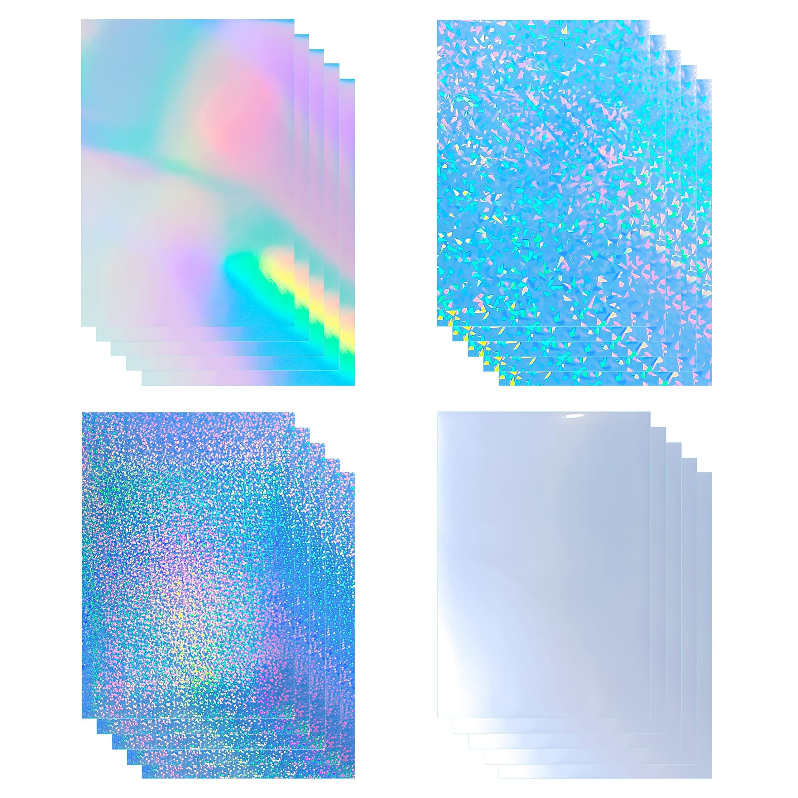 20 Sheets Holographic Printable Sticker Paper 8.5x 11 inch Waterproof Sticker Sheets Rainbow Vinyl Sticker Lables 4 Mixed Style for Inkjet or Laser Printer