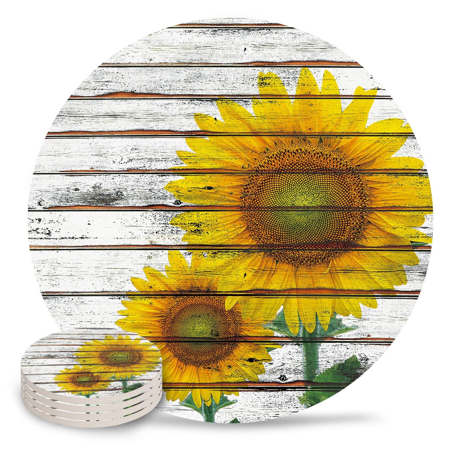 4-Piece Set Ceramic Coasters for Drinks,Sunflower Rustic Wood Unique Absorbent Round Ceramics Cork Backed Cup Mat for Home/Housewarming Gift