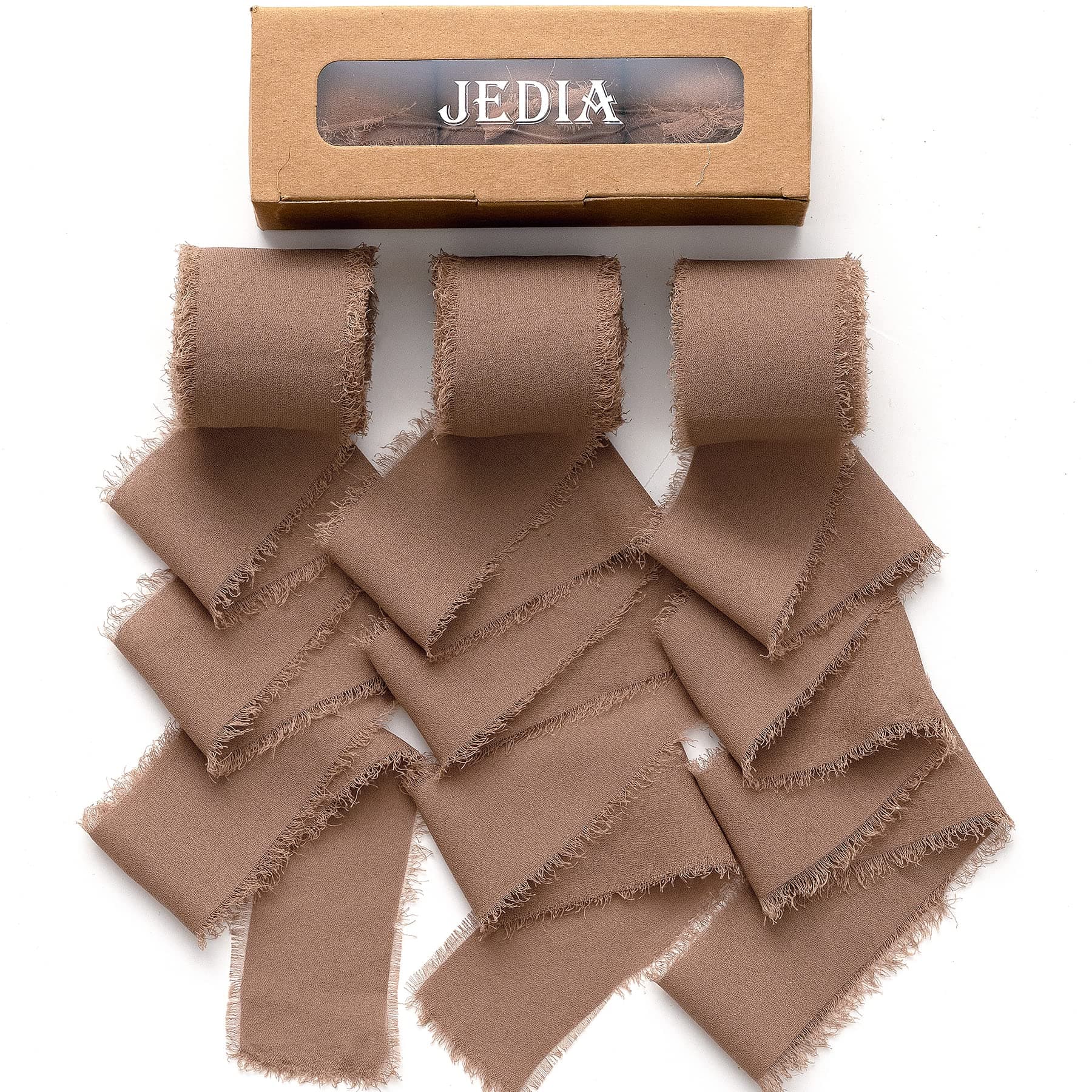 JEDIAJEDIA Chiffon Ribbon, 3 Rolls Brown Handmade Fringe Chiffon Silk Ribbons, 1.5" x 7Yd Ribbon Set for Gift Wrapping, Wedding Invitations, Bouquet Wrap, Bridal Bouquets, DIY Crafts