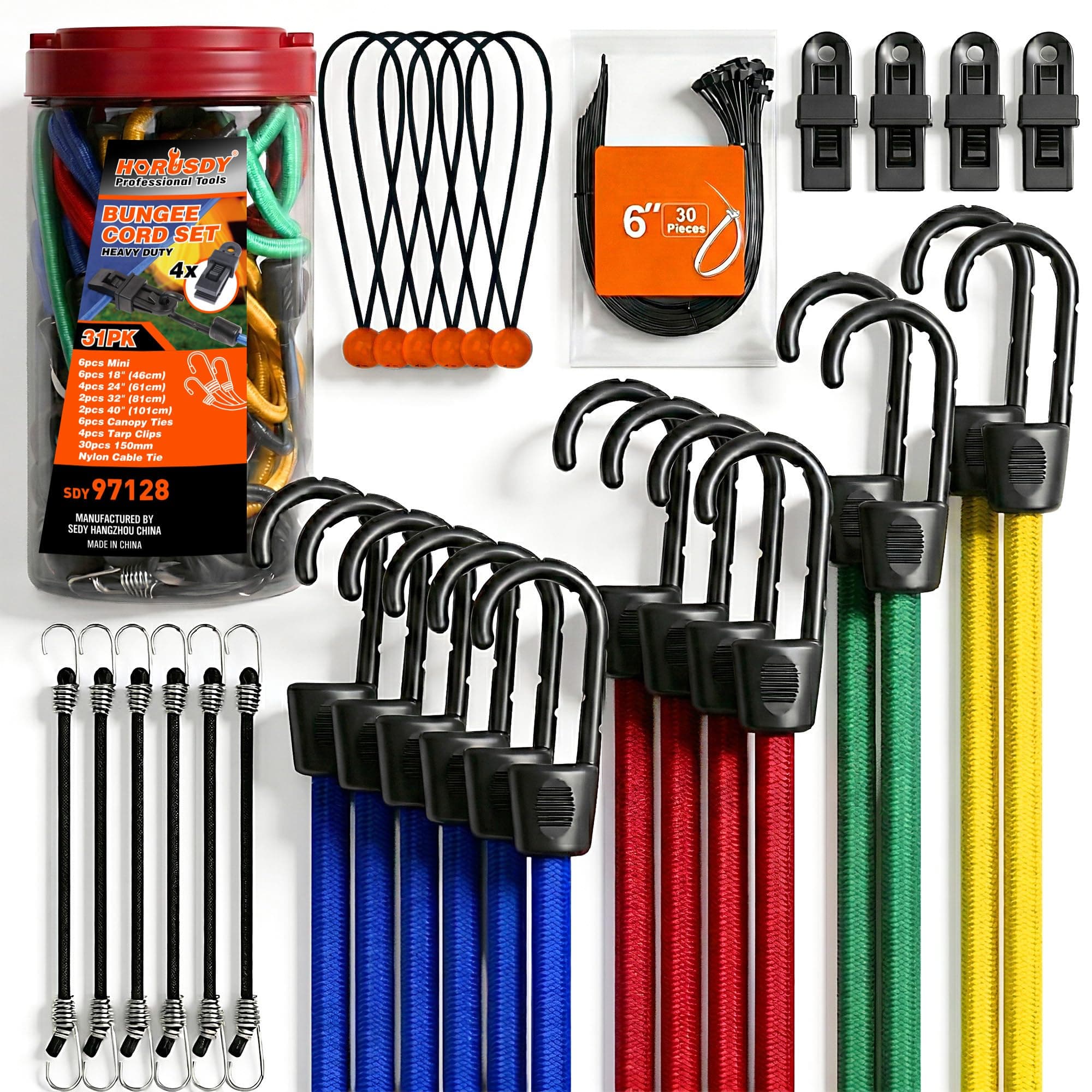 HORUSDY 31-Piece Premium Bungee Cords Assortment Jar, Includes 10”,18”,24”,32”,40” Bungee Cords, 6“ Zip Ties, 8”Canopy/Tarp Ball Ties and Crocodile Mouth Tarp Clips