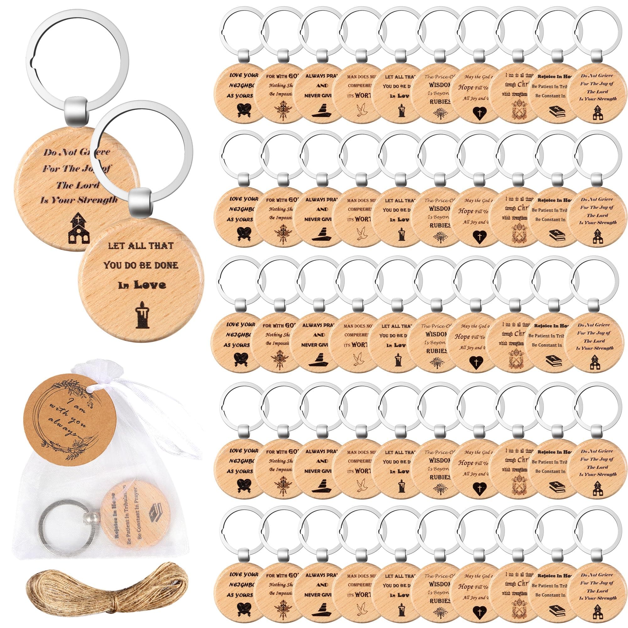 150 Pcs Christian Gifts Set Include 50 Bible Verse Wooden Keychain 50 Inspirational Tags 50 White Organza Bags for Men Women Office School Church Supplies