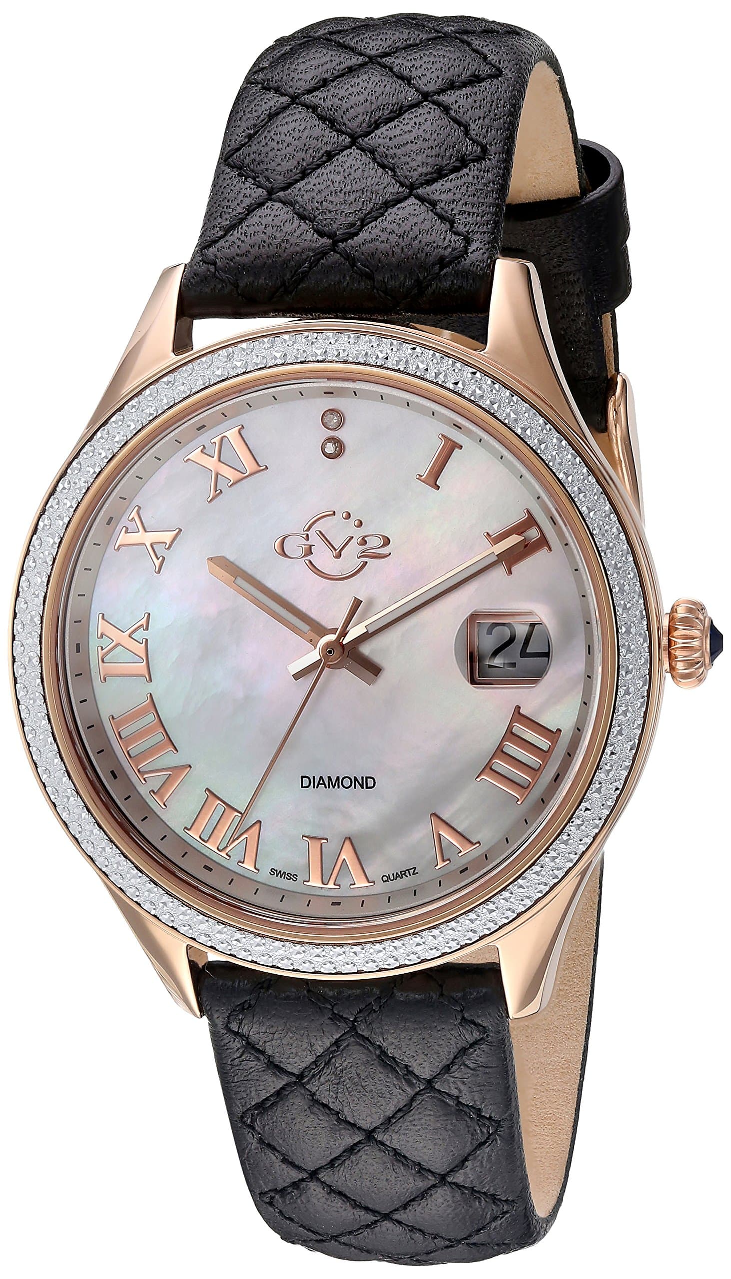 GV2 by Gevril Asti Womens With Diamonds Swiss Quartz Black Leather Strap Watch, (Model: 1803)