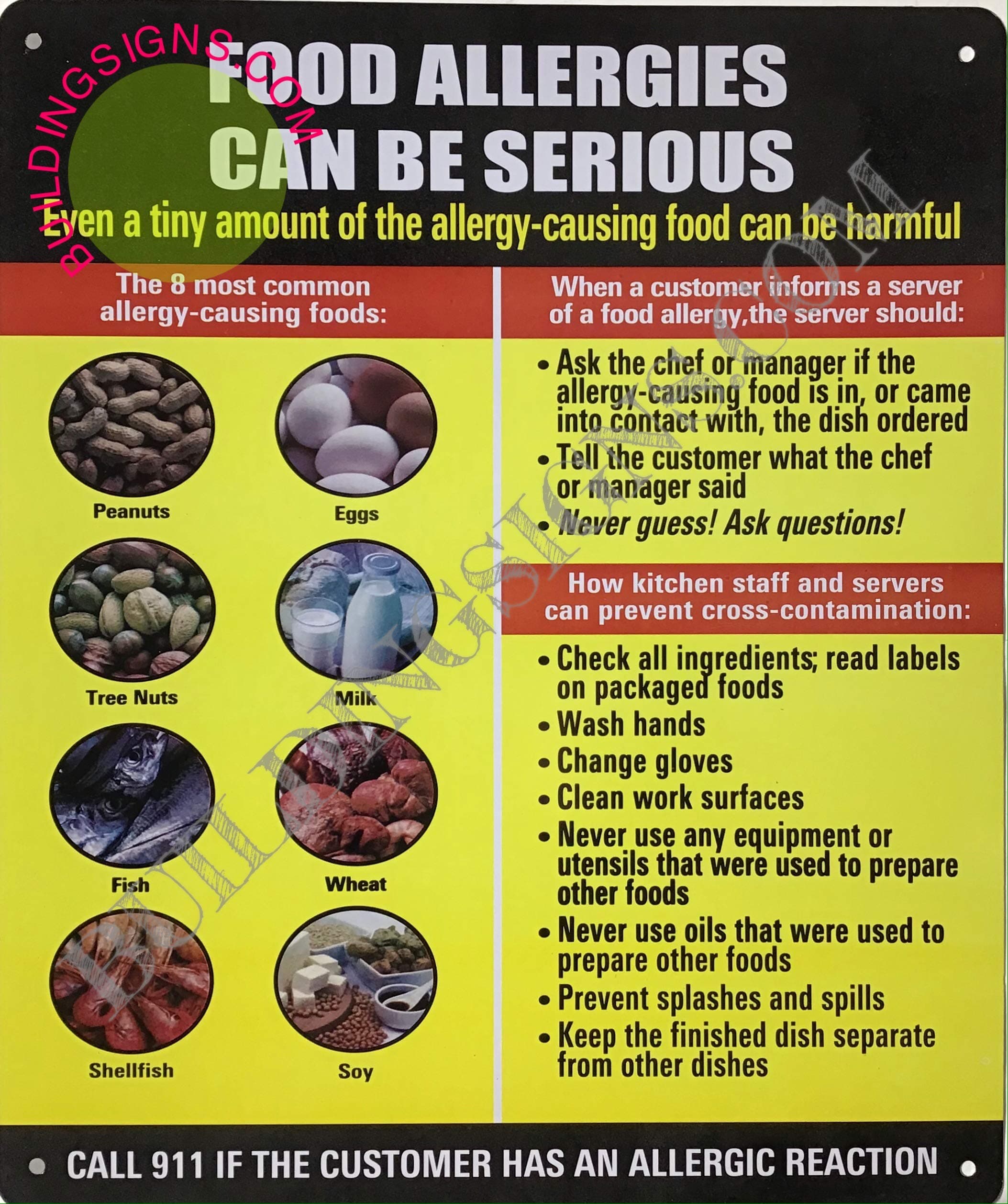 Resturant Food Allergy Sign (Aluminium-Rust Free,Yellow/Black, Size 10X12 Inch, X)