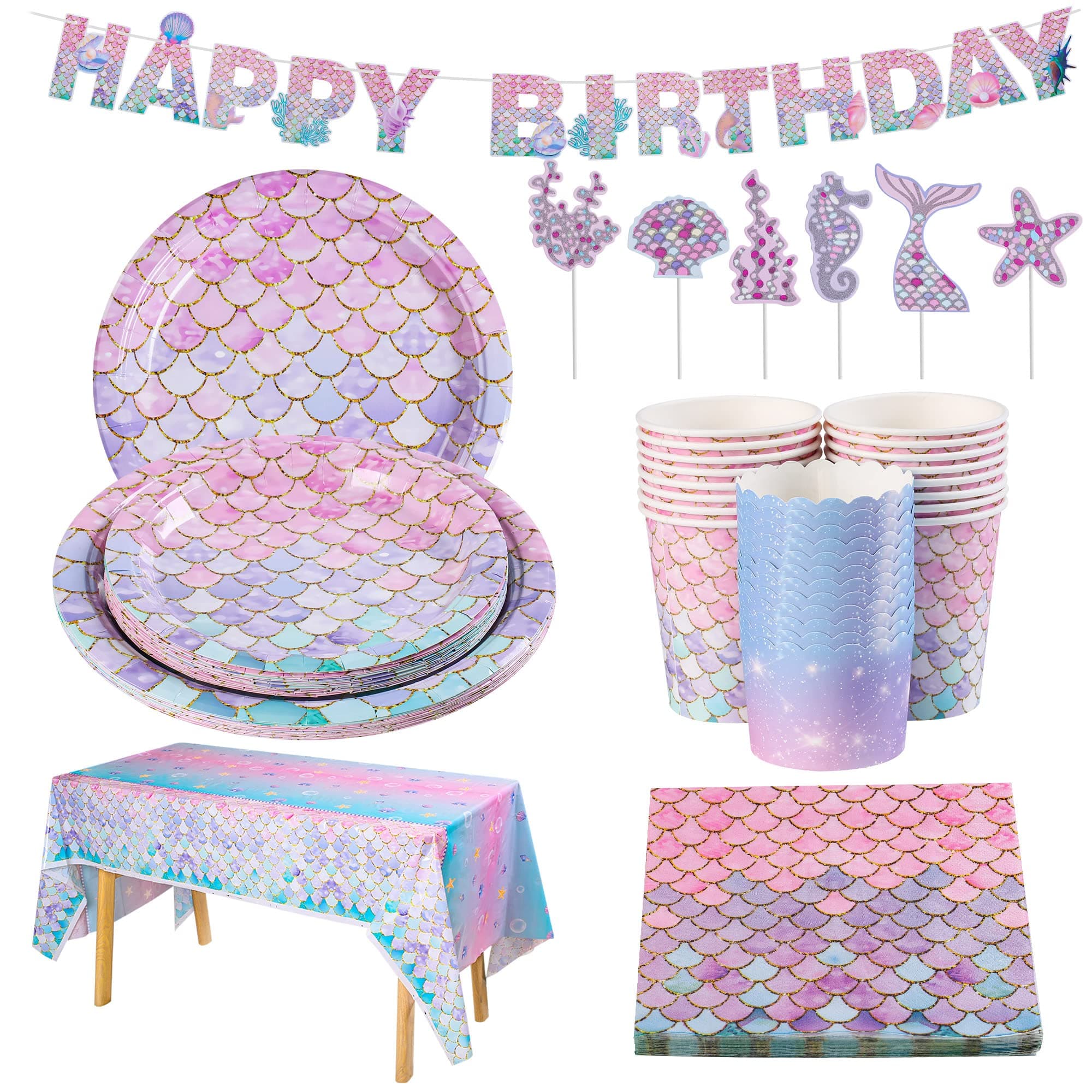 Mermaid Party Tableware Set 100 pcs Paper Tableware Set Includes Paper Plates tablecloth Napkins Cups Cake cups Stick Tag Banner for Birthday Children Party Wedding Shower Engagement (16 Guests)