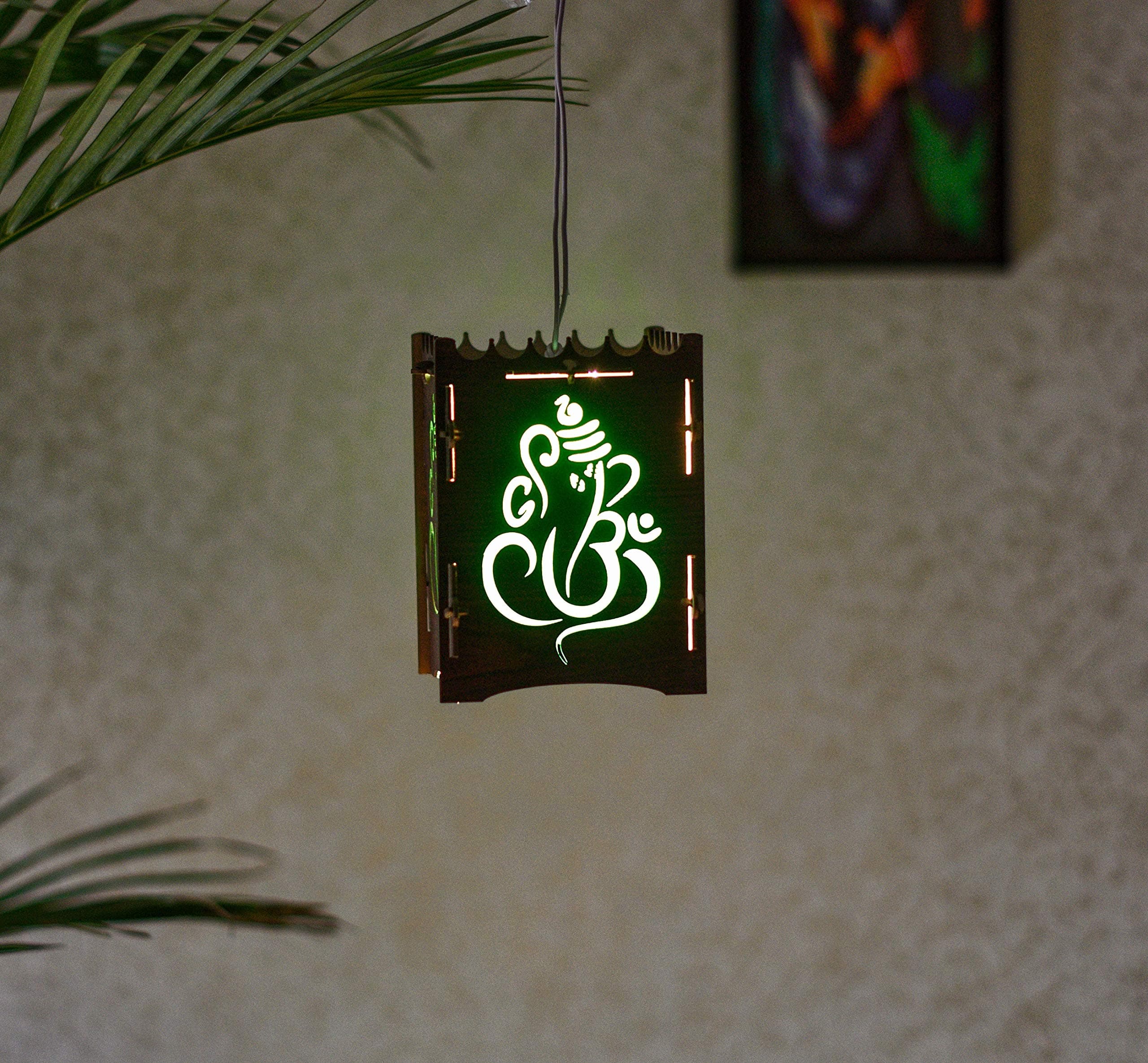 BANDHAN Wooden Pendant Light Rectangle Shape Wooden Hanging Ceiling Pendant Lamp Light for Home Home Decoration, Hall, Balcony, Restaurant, Dining, Office, Shop & Temple, Sun Green Color (Ganpati Design)