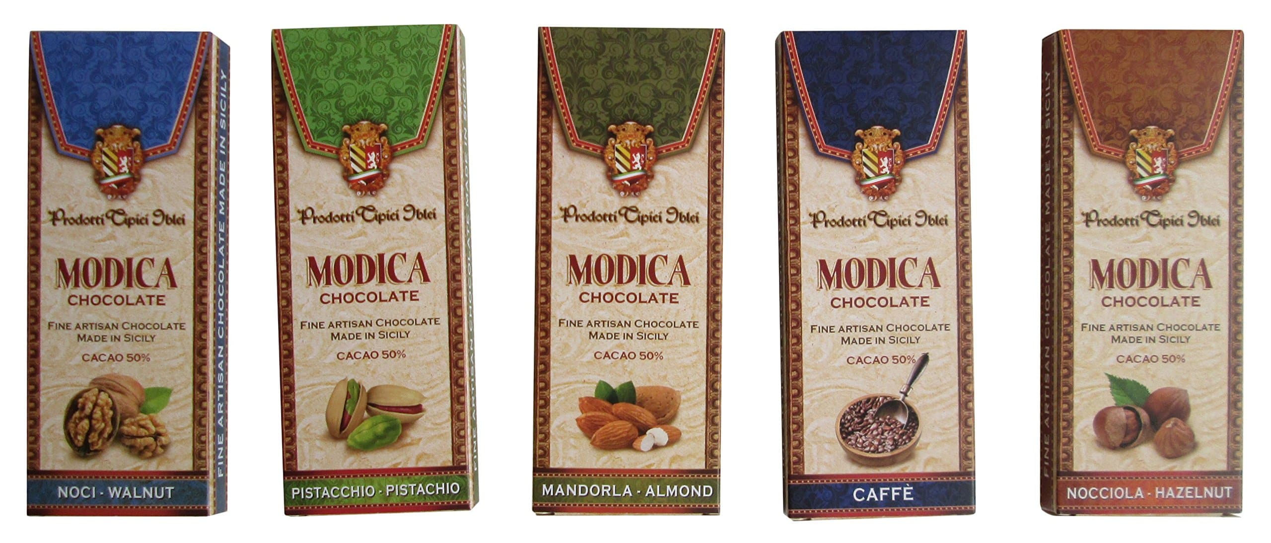 Prodotti Tipici Iblei: Modica Chocolate - Set of 5 Different Flavors (Almond, Coffee, Hazelnut, Pistachio, Walnut) [ Italian Import ]