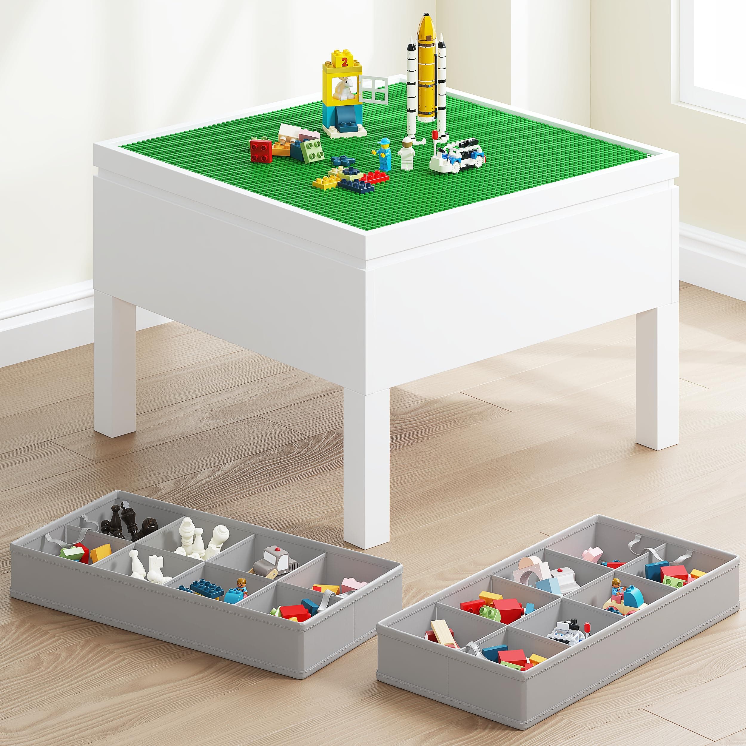 3 in 1 Kids Activity Table with Storage, Kids Construction Play Table Compatible with Lego and Duplo Bricks, Chess Table for Building Block, Drawing, Crafts