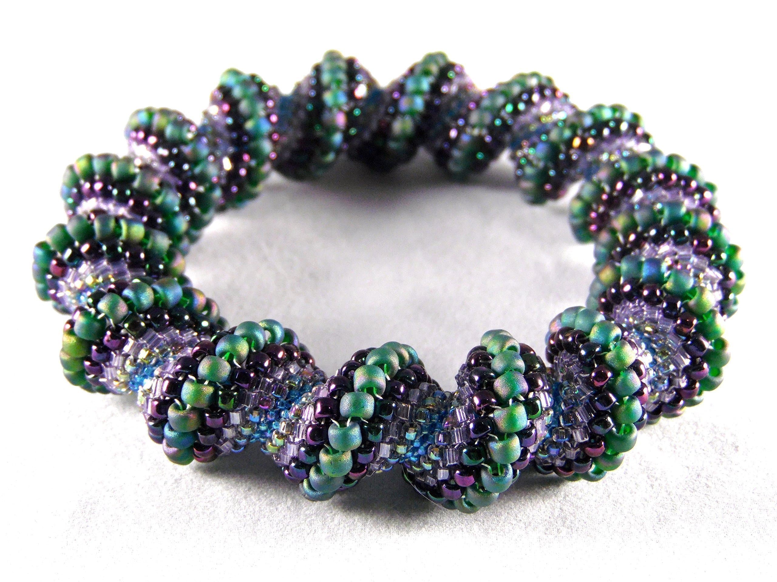 Dark Frosted Peacock Green, Iris Purple & Rainbow Blue Cellini Spiral Beaded Bangle Bracelet