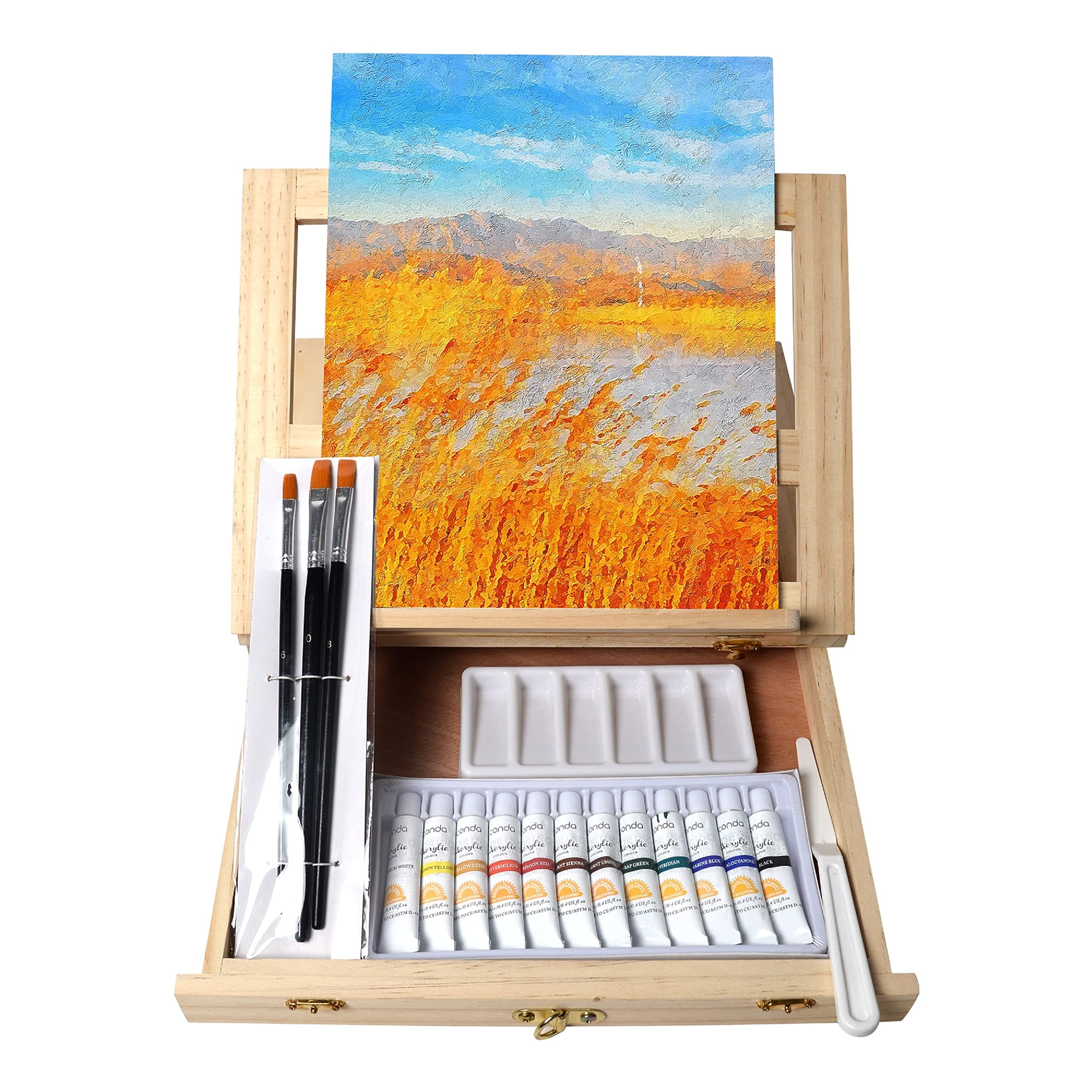 19pcs Painting Table Easel Set, Wooden Mixed Media Art Set Easel Kit Includes Tabletop Easel, Acrylic Paints, Brushes, Canvas Panel, Art Supplies Gift for Beginners, Kids, Adults