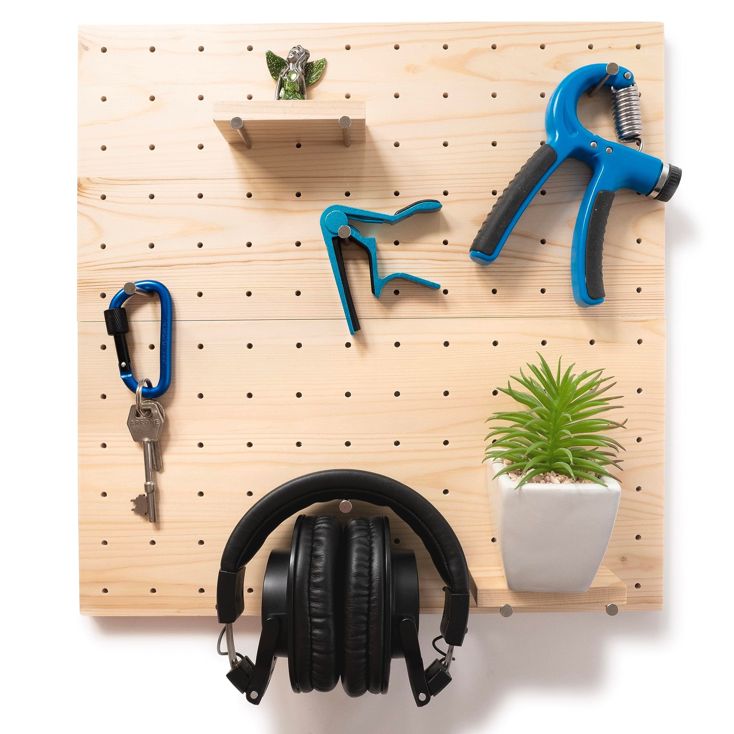 Birdtown TradersWooden Pegboard - Modular Wood Wall Organizer Panels - Display with 2 Shelves, 2 Boards and 8 Pegs – Peg Storage for Kitchen Garage Office Dorm Room - Complete with 3 Wall Hooks