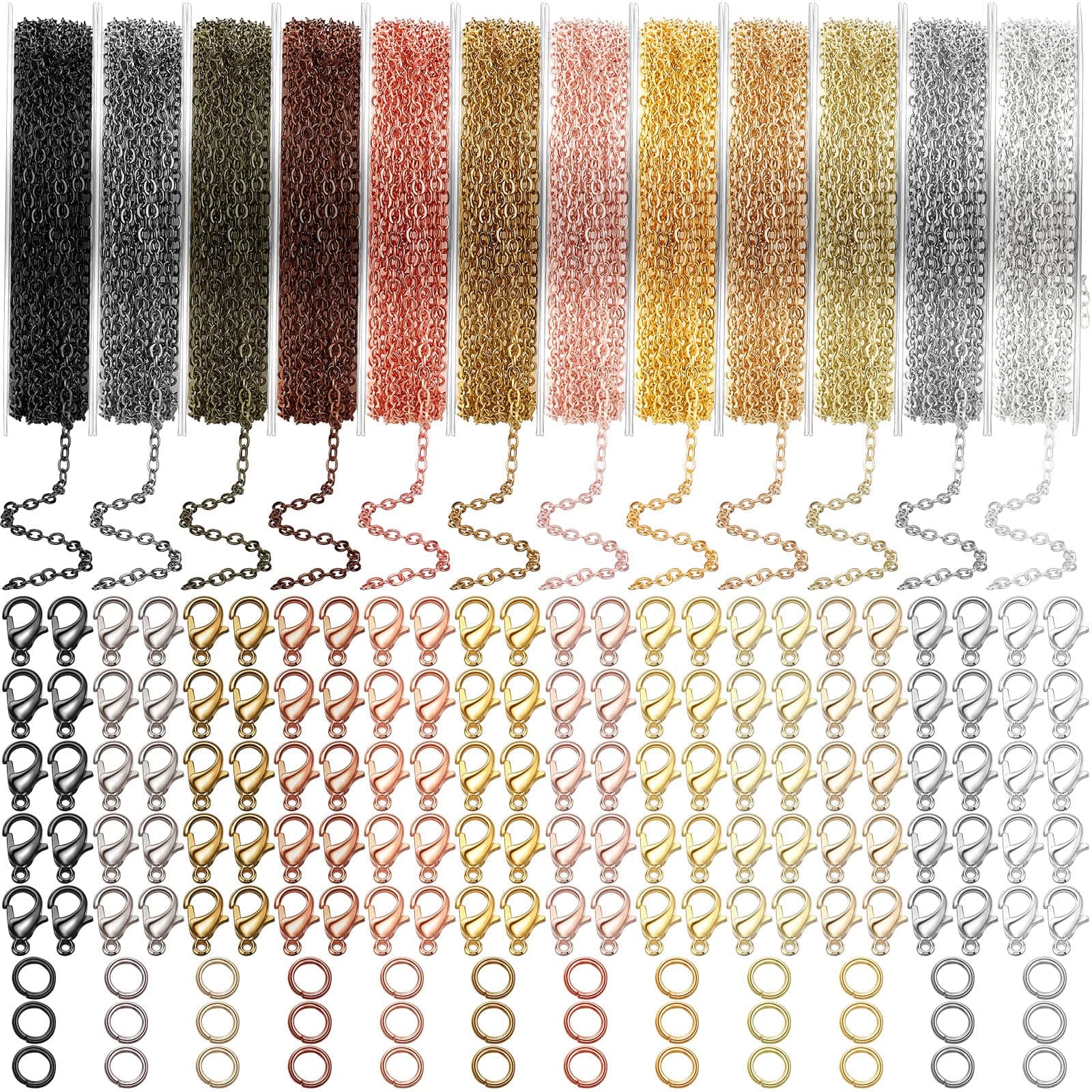 12 Rolls 120 Feet 2 mm Jewelry Making Chains Necklace Chains Jewelry Making Supplies 12 Colors Jewelry Chain Link Cable Chain Roll with 120 Lobster Clasps and 50 Jump Rings for DIY Earring Bracelet