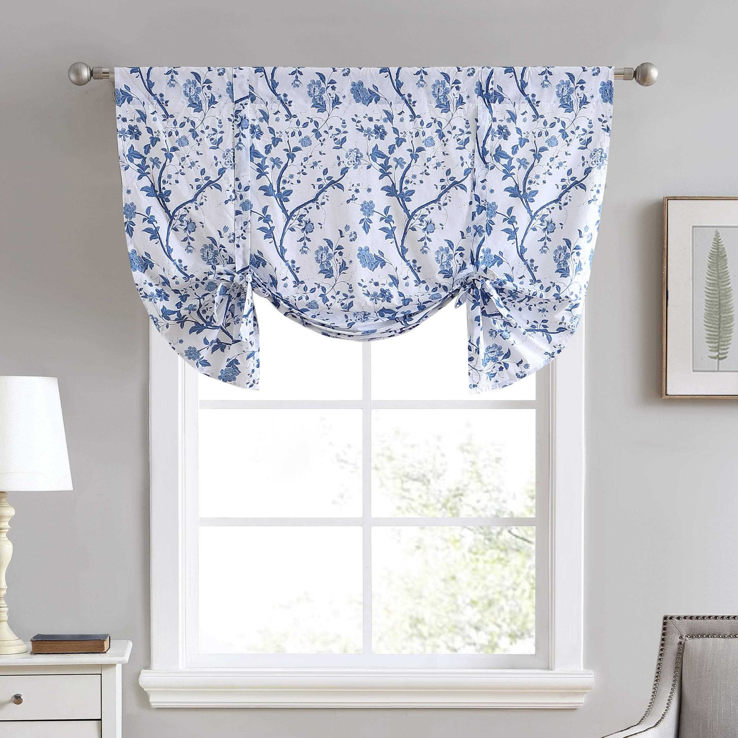 Home Stylish Floral Print Valance Curtain, Chic Decorative Window Treatment for Home Décor, Cotton, Blue, 50" x 18"