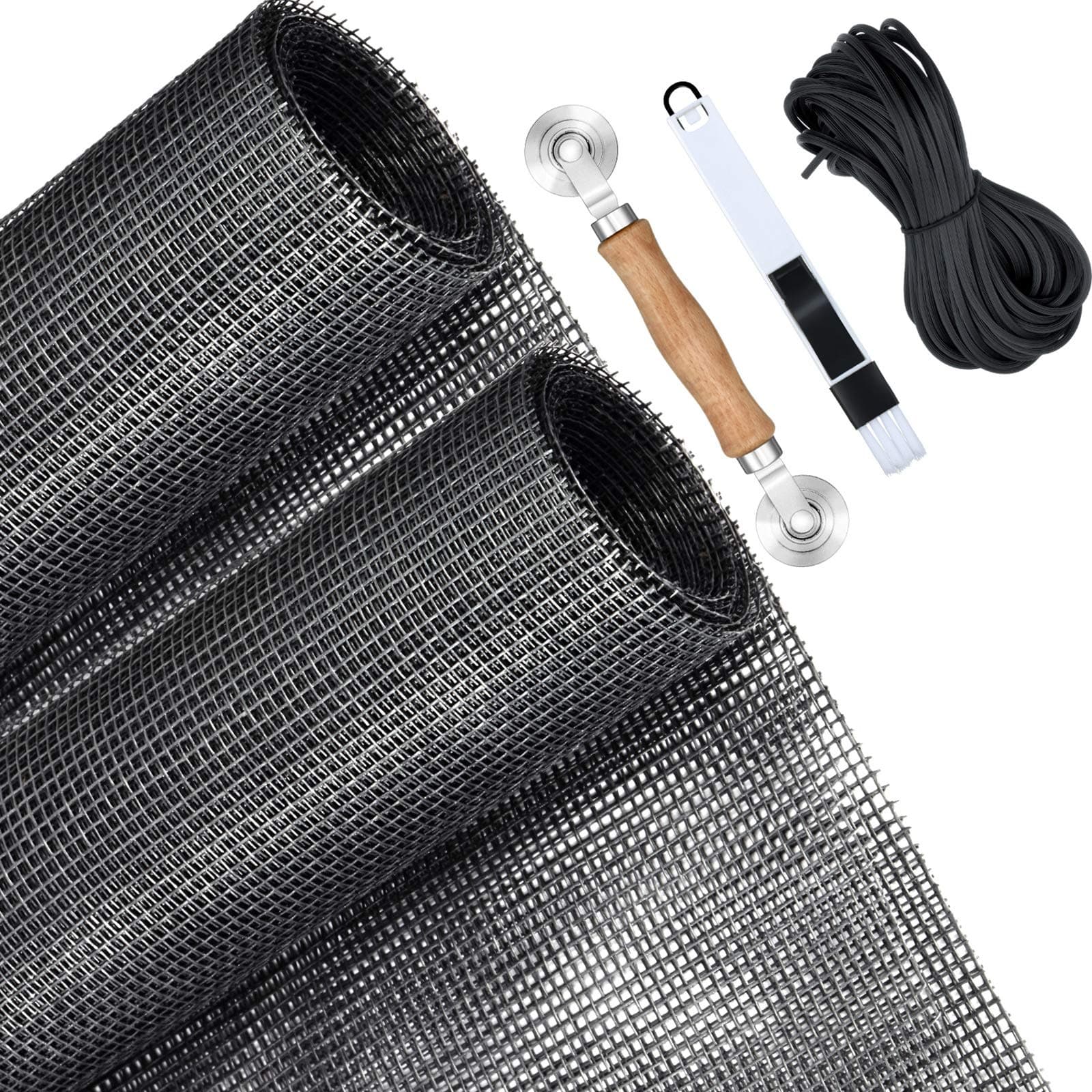 Hotop 5 Pieces Window Screens Repair Kit, 2 Pieces 59 x 106 Inches Window Screens with Rolling Tool, Screen Retainer Spline, Window Groove Cleaning Brush for Windows Doors Patio Replacement
