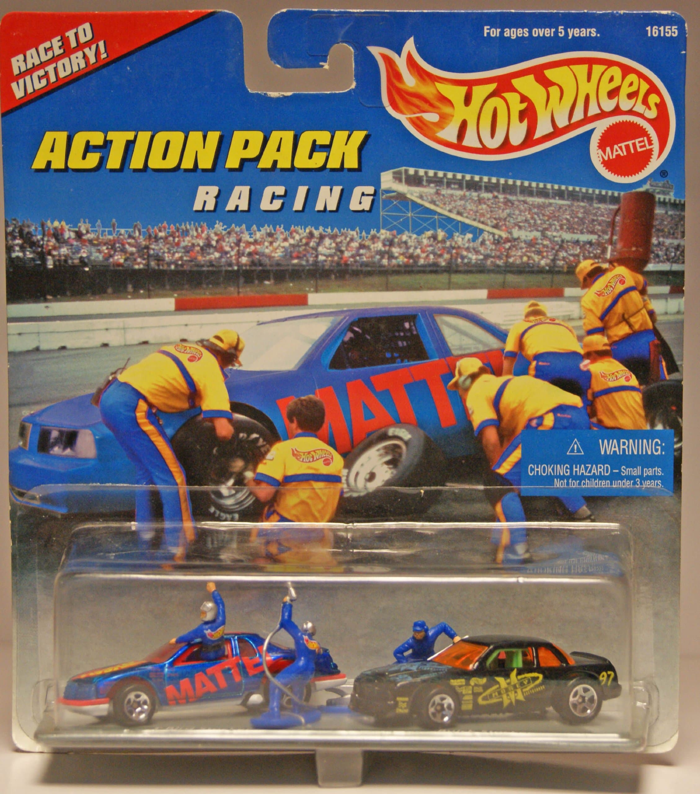 Mattel Hot Wheels 1996 Action Pack Series 1:64 Scale Die Cast Metal Car # 16155 - RACING Race to Victory with T-Bird Stocker Racing Car, Buick Stocker Racing Car, 1 Racer and 2 Pit Stop Crew with Equipments