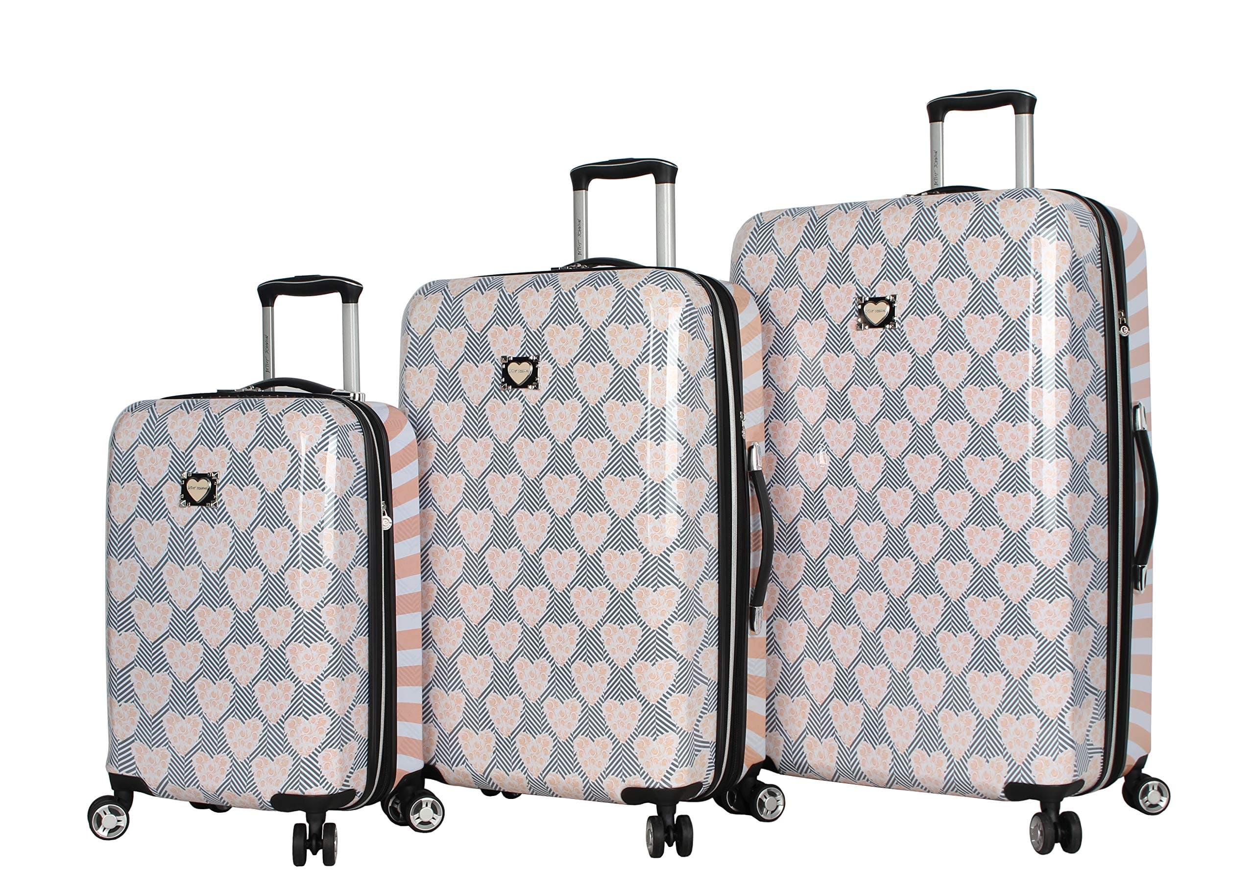 Betsey Johnson Designer Luggage Collection - Expandable 3 Piece Hardside Lightweight Spinner Suitcase Set - Travel Set includes 20-Inch Carry On, 26 inch and 30-Inch Checked Suitcase (Chevron Hearts)
