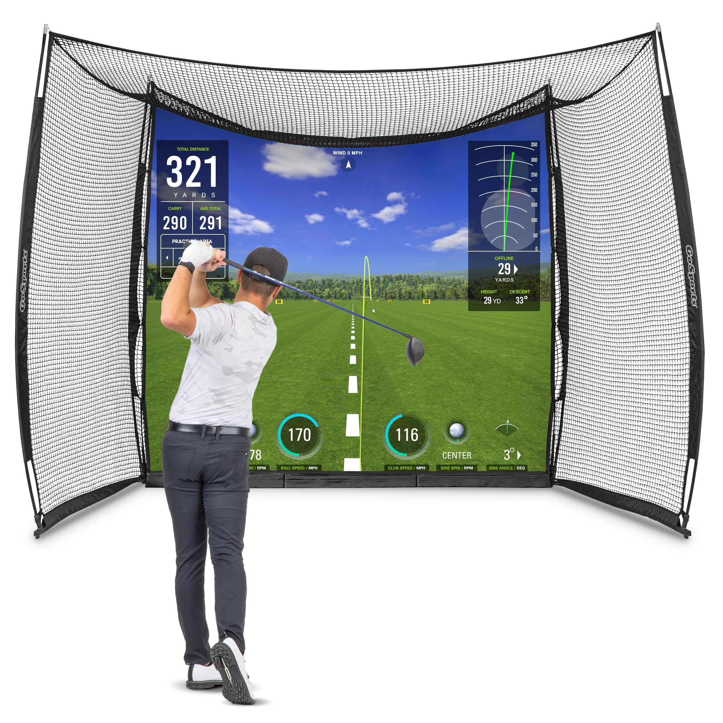 GoSports Range Cage 10 ft x 8 ft Golf Practice Hitting Net with Impact Screen – Choose Printed Graphics or Blank Simulator Screen