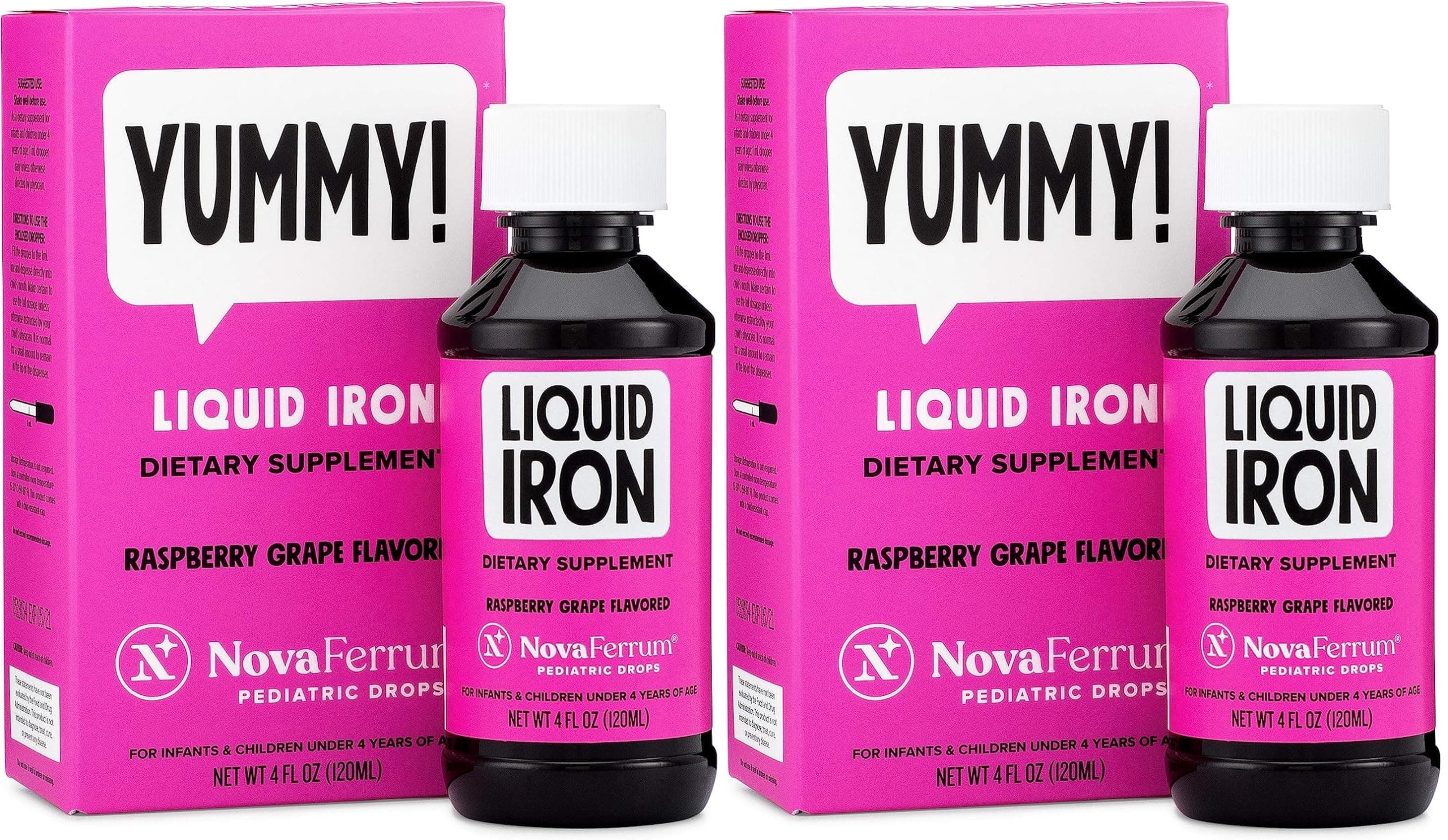 NovaFerrum Pediatric Drops Liquid Iron Supplement for Infants and Toddlers 4 fl oz (120 mL) - Raspberry Grape- Pack of 2