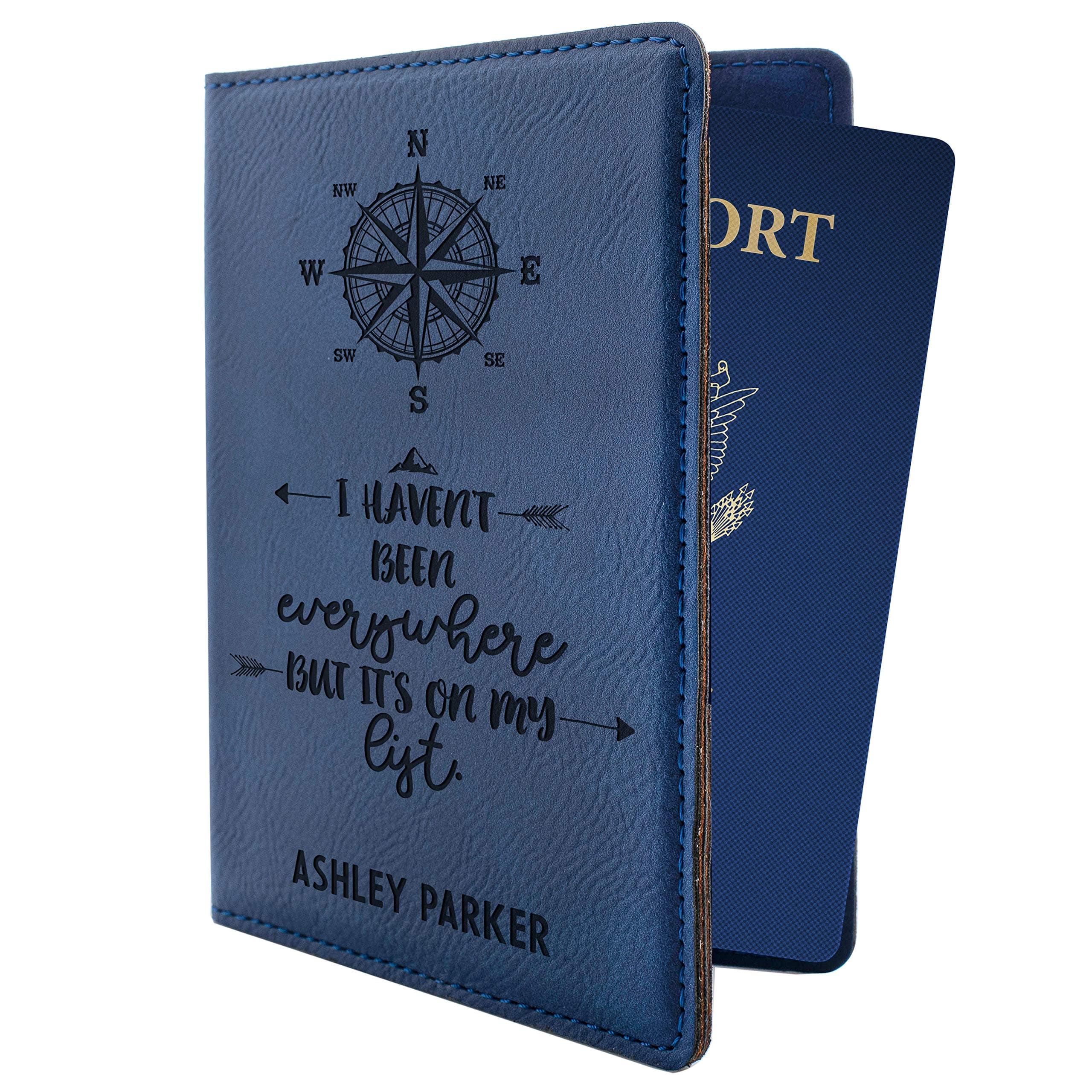 Personalized Passport Holder w Name and Quote - Custom Engraved Leather Passport Cover for Women and Men - Gifts for Travelers, Honeymoon, Travel Gifts | Blue