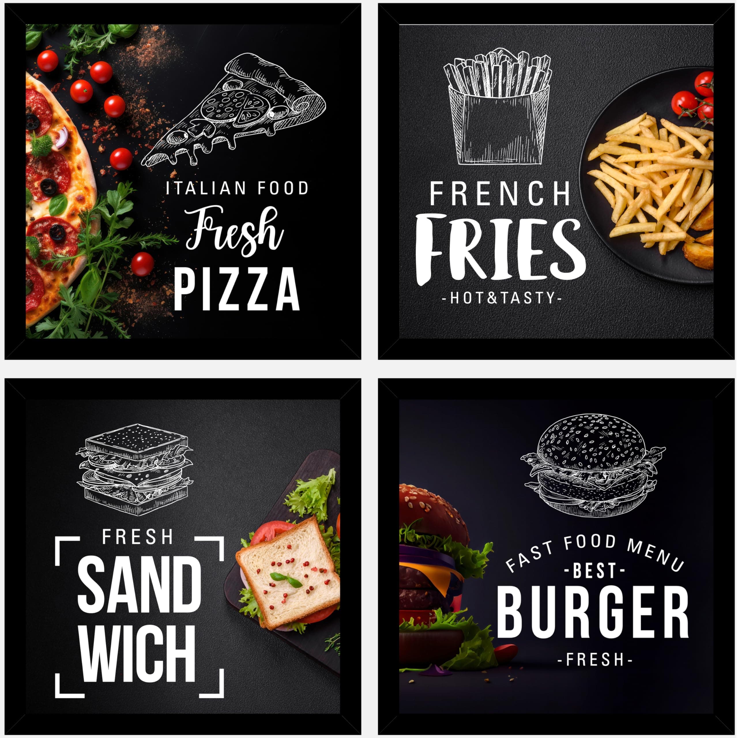 AR Creative Italian Food, French Fries, Sandwich, Fast Food - Kitchen and Restaurant Quotes Print with Frame, Food Quotes, Funny, Home, Office Decor, Kitchen Poster (10 inch x 10 inch) Set of 4