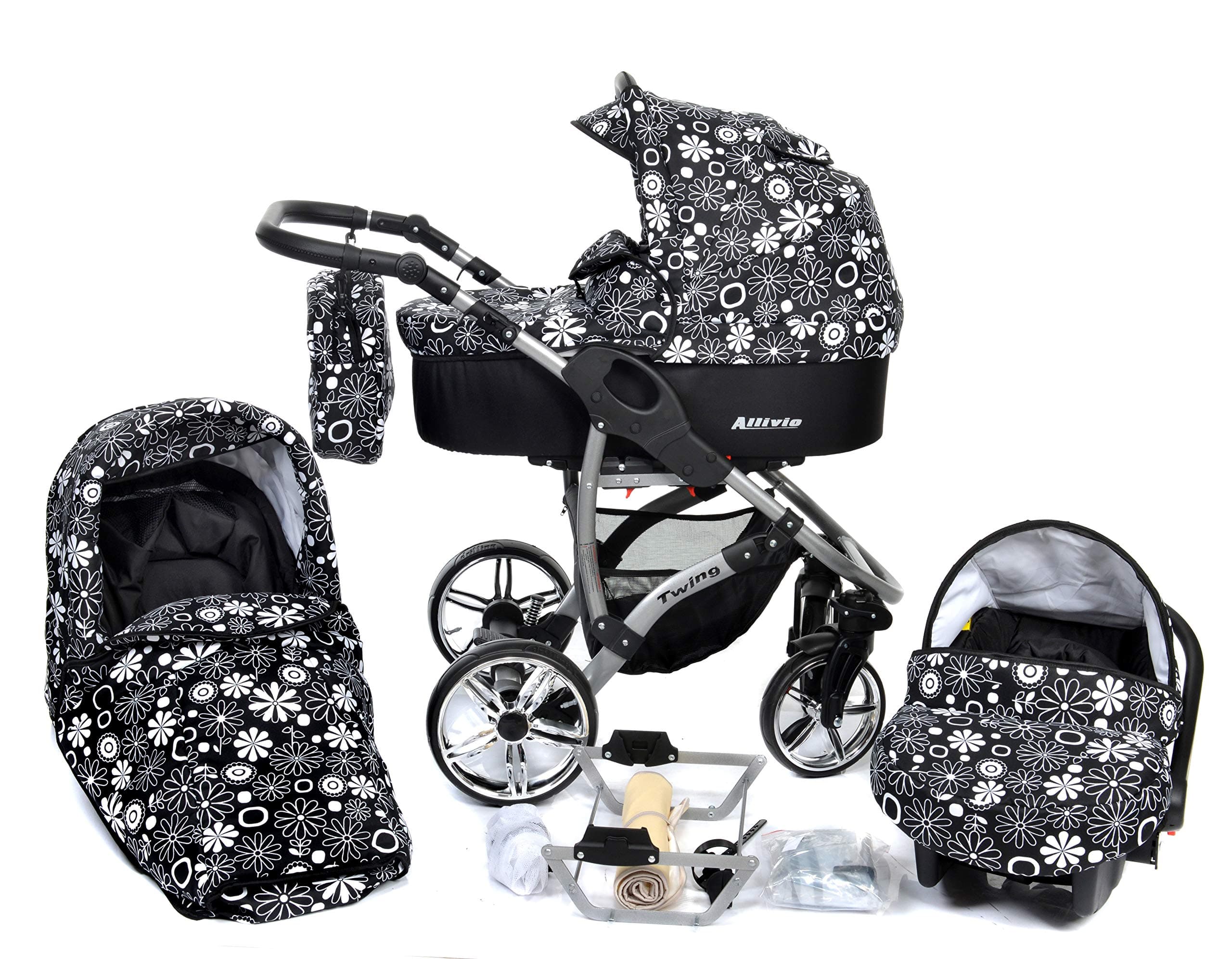 ALLIVIO, 3-in-1 Travel System with Baby Pram, Car Seat, Pushchair & Accessories (3in1 Travel System -Baby tub, Sport seat, Car seat, Black & Flowers)