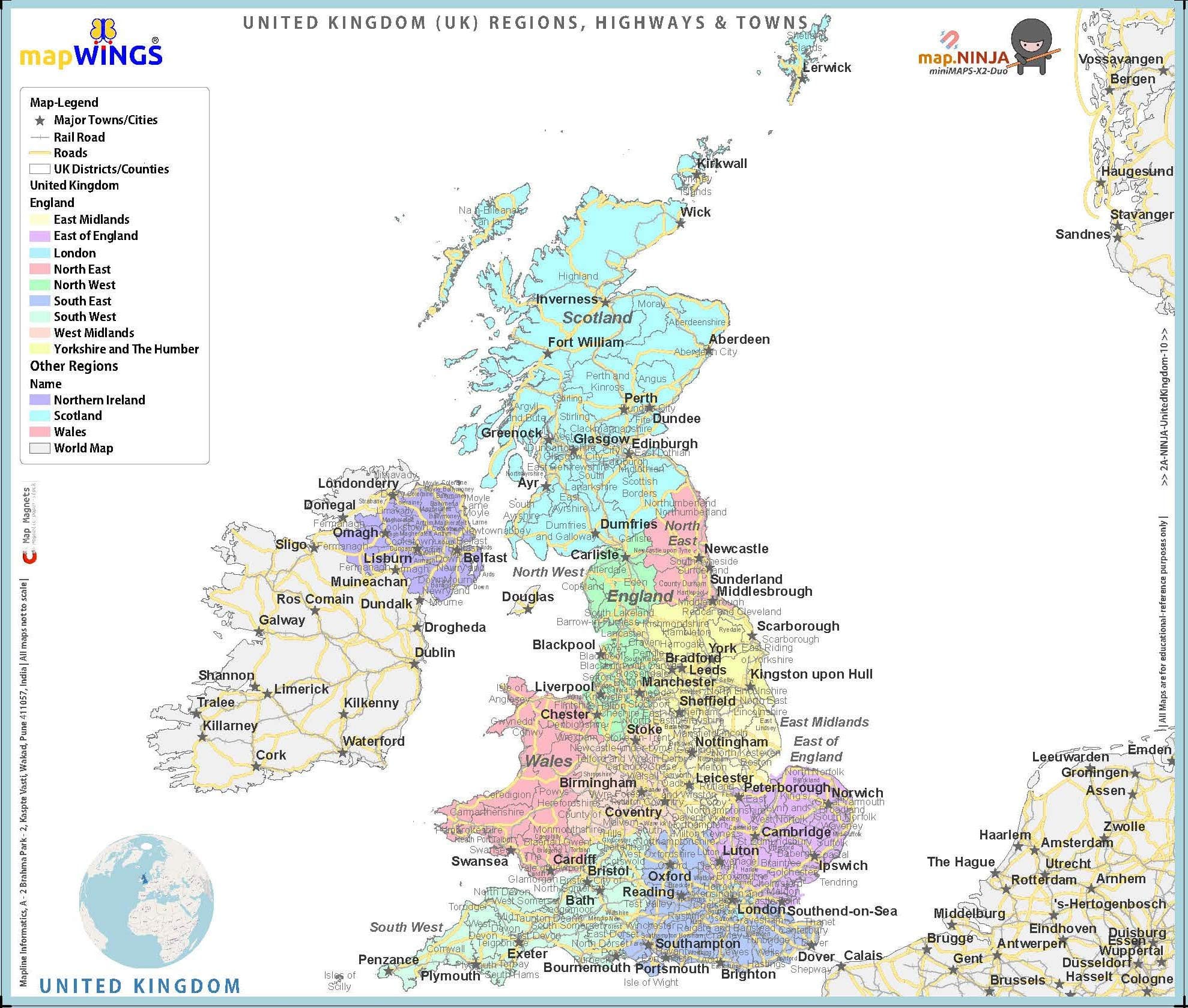 mapWINGS Quick-Reference & Educational Fridge MAP Magnets Mini-MAP of Country with Admin Boundaries, Key Locations & Roads (United Kingdom (UK), 9.5 x 8.5 inches (~ Size A4))