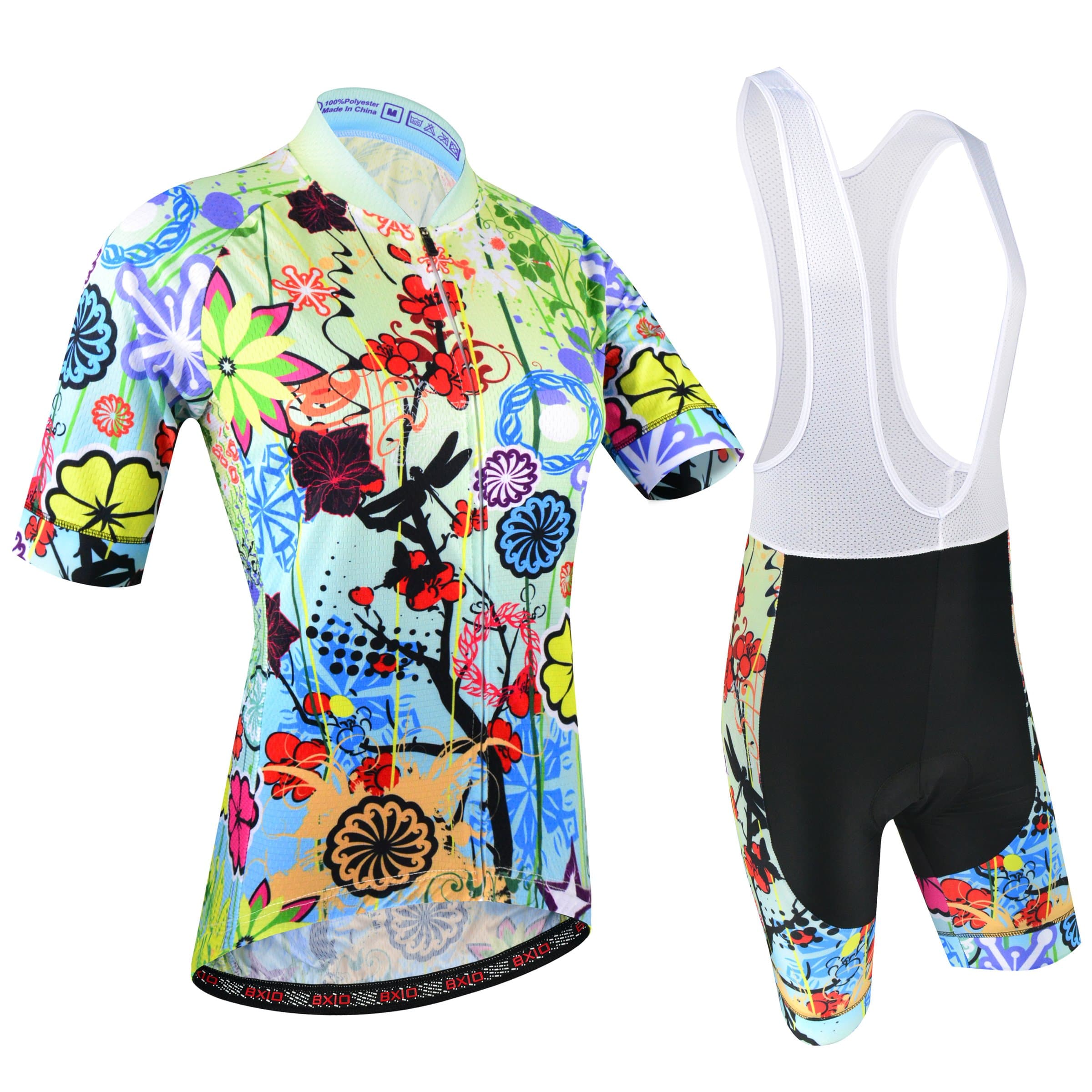 BXIO Womens Cycling Jersey and Bib Shorts Set with Double Lycra, Flat Stitching, Wide Gel Pad and Non-Slip Strips for Cyclist, Flower Pattern