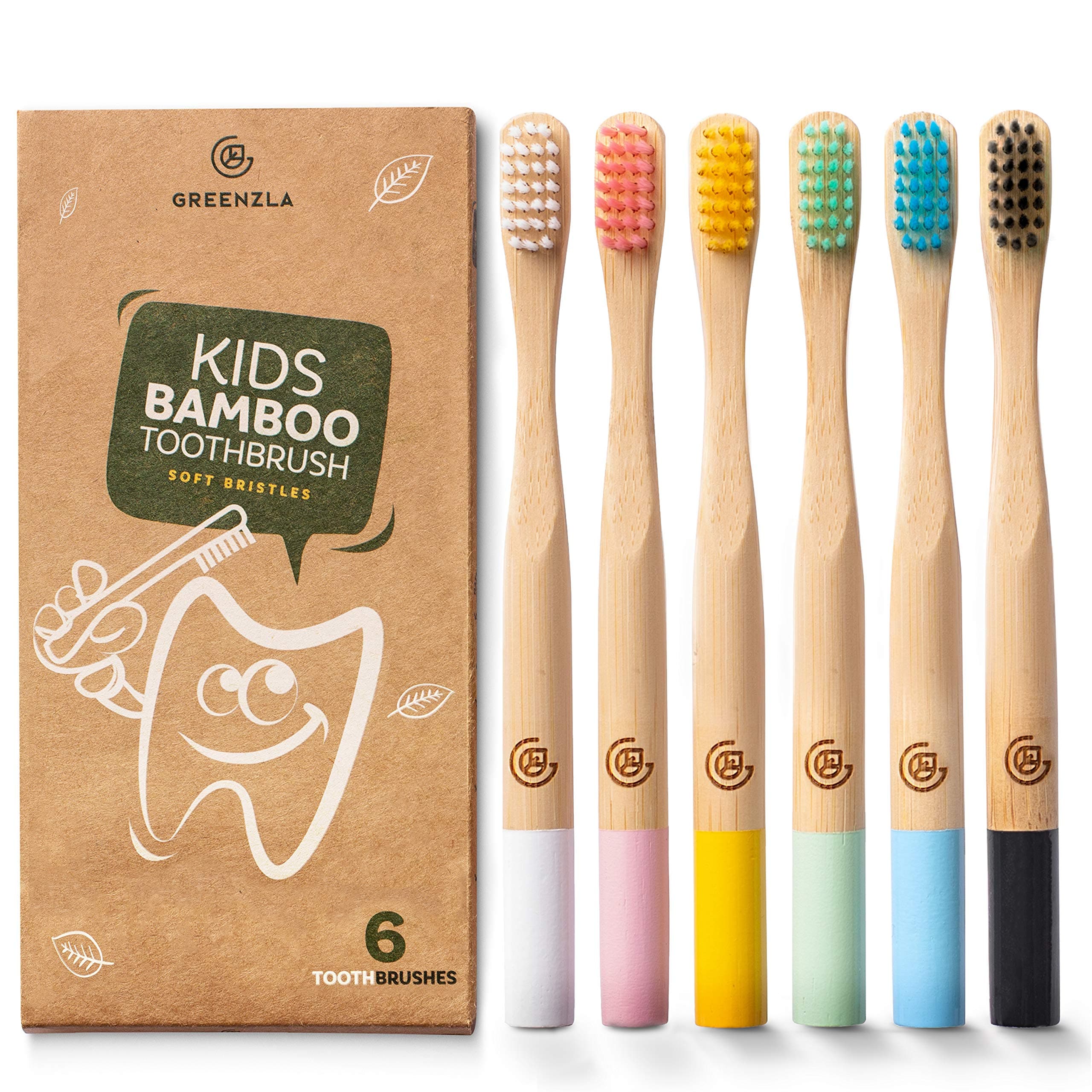 Kids Bamboo Toothbrushes (6 Pack) | BPA Free Soft Bristles | Eco-Friendly, Natural Bamboo Toothbrush Set