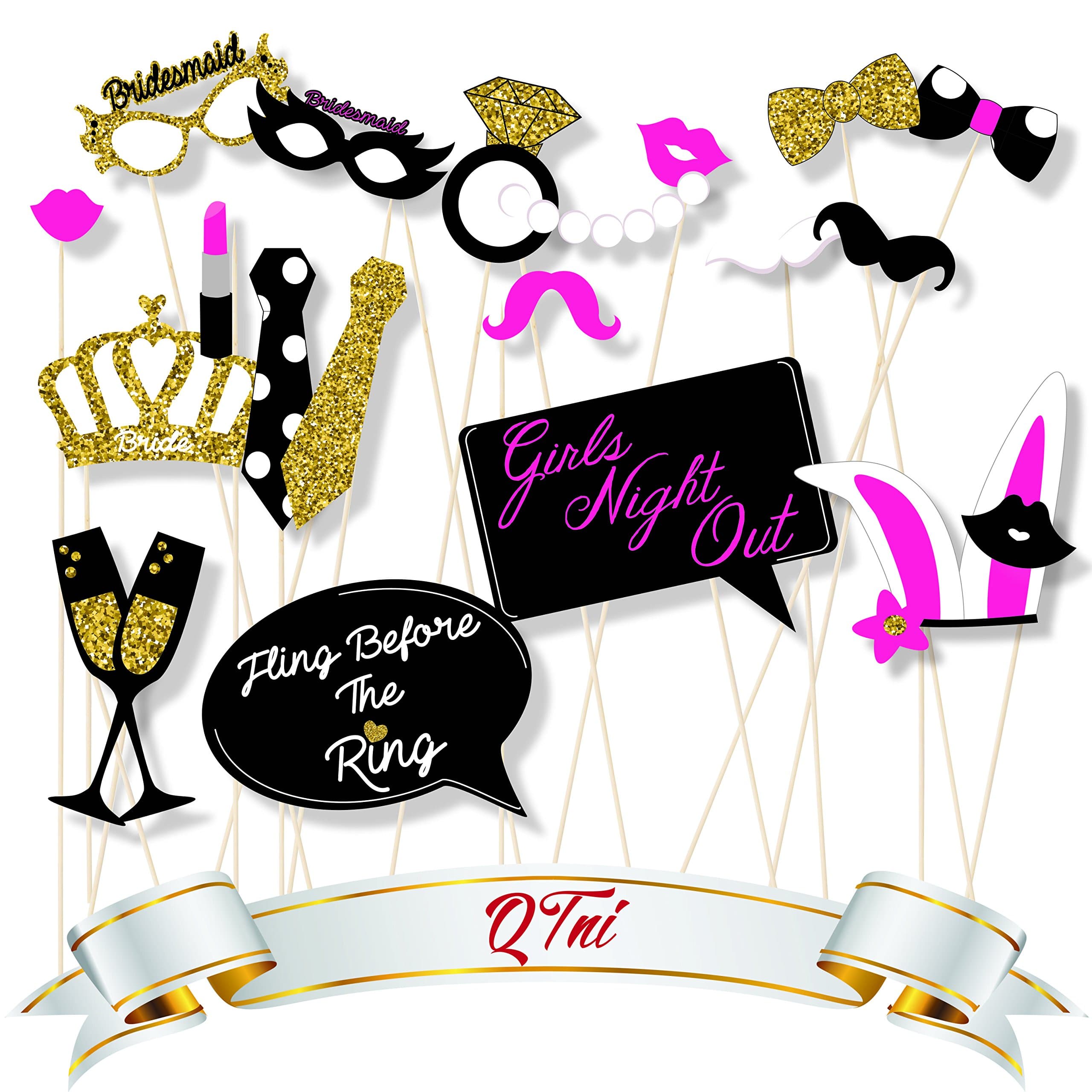 QTni Bachelorette Party Photo Booth Prop Set of 21 with Real Gold Glitter on Super Thick 400 GSM Glossy Cover Cardstock Paper