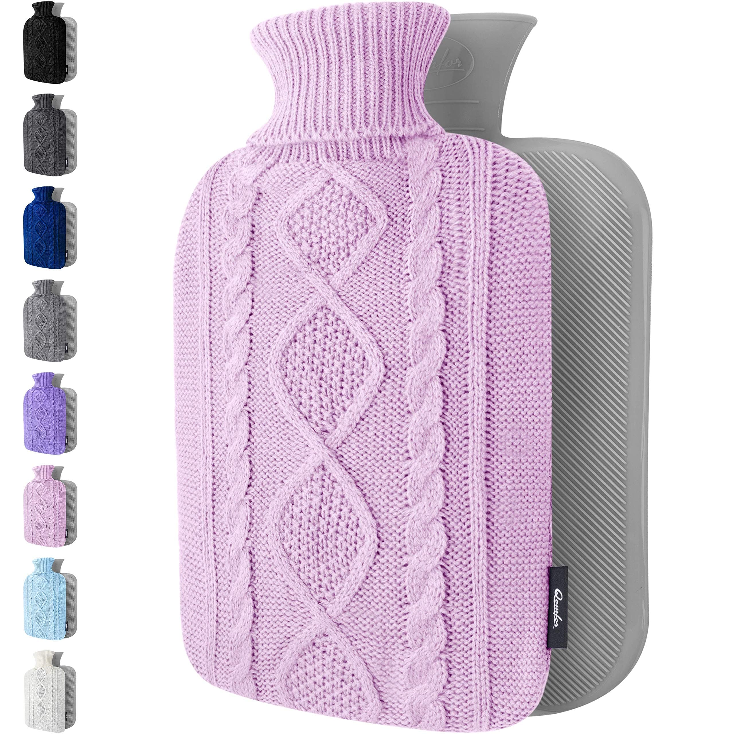 Qomfor Hot Water Bottle with Cover - 1.8L Large - Premium Hot Water Bag with Knitted Sweater Cover - Great for Cramps, Pain Relief & Cozy Nights - Water Heating Pad - Feet & Bed Warmer - Lila