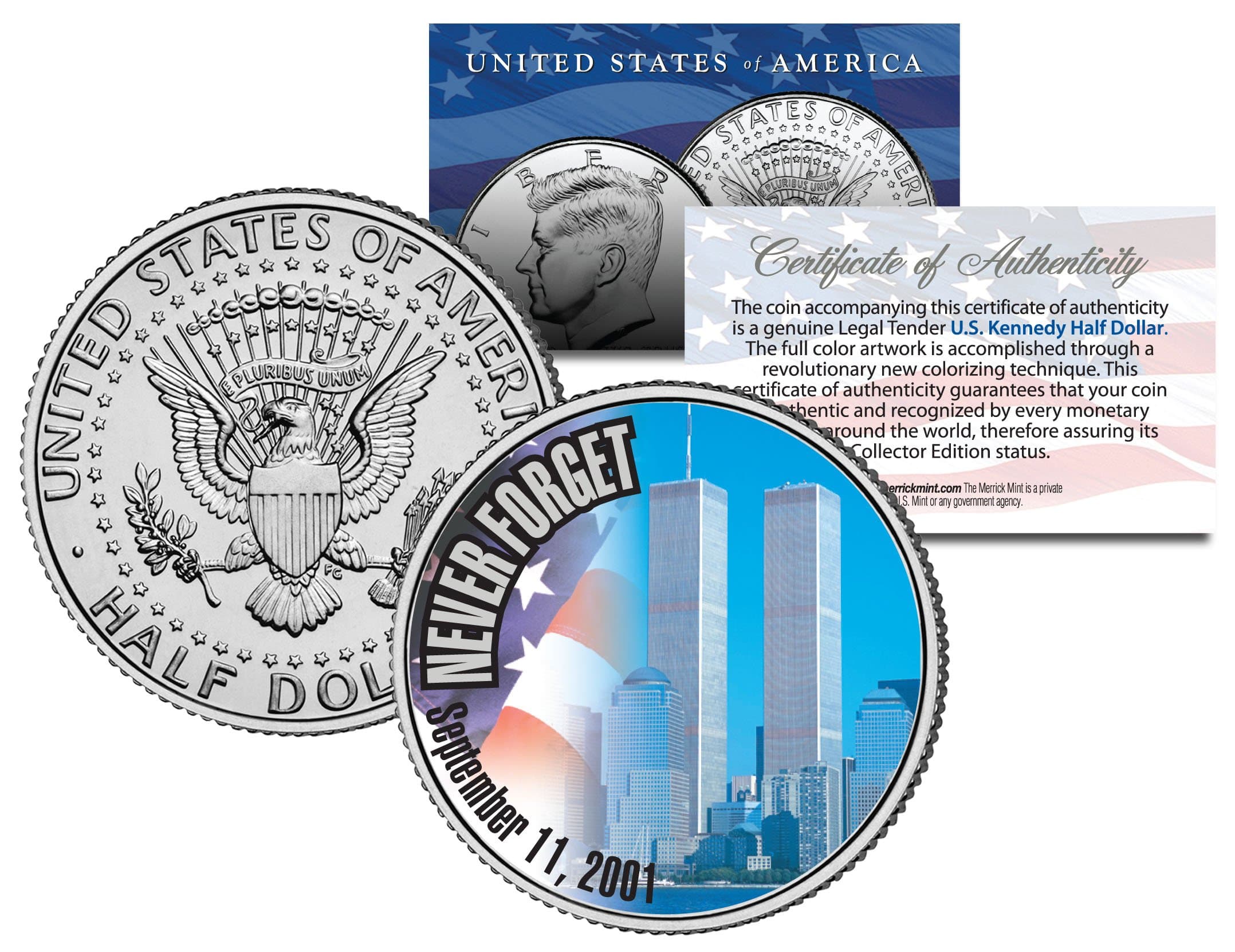 World Trade Center 9/11 Colorized 2001 JFK Half Dollar U.S. First Ever WTC Coin