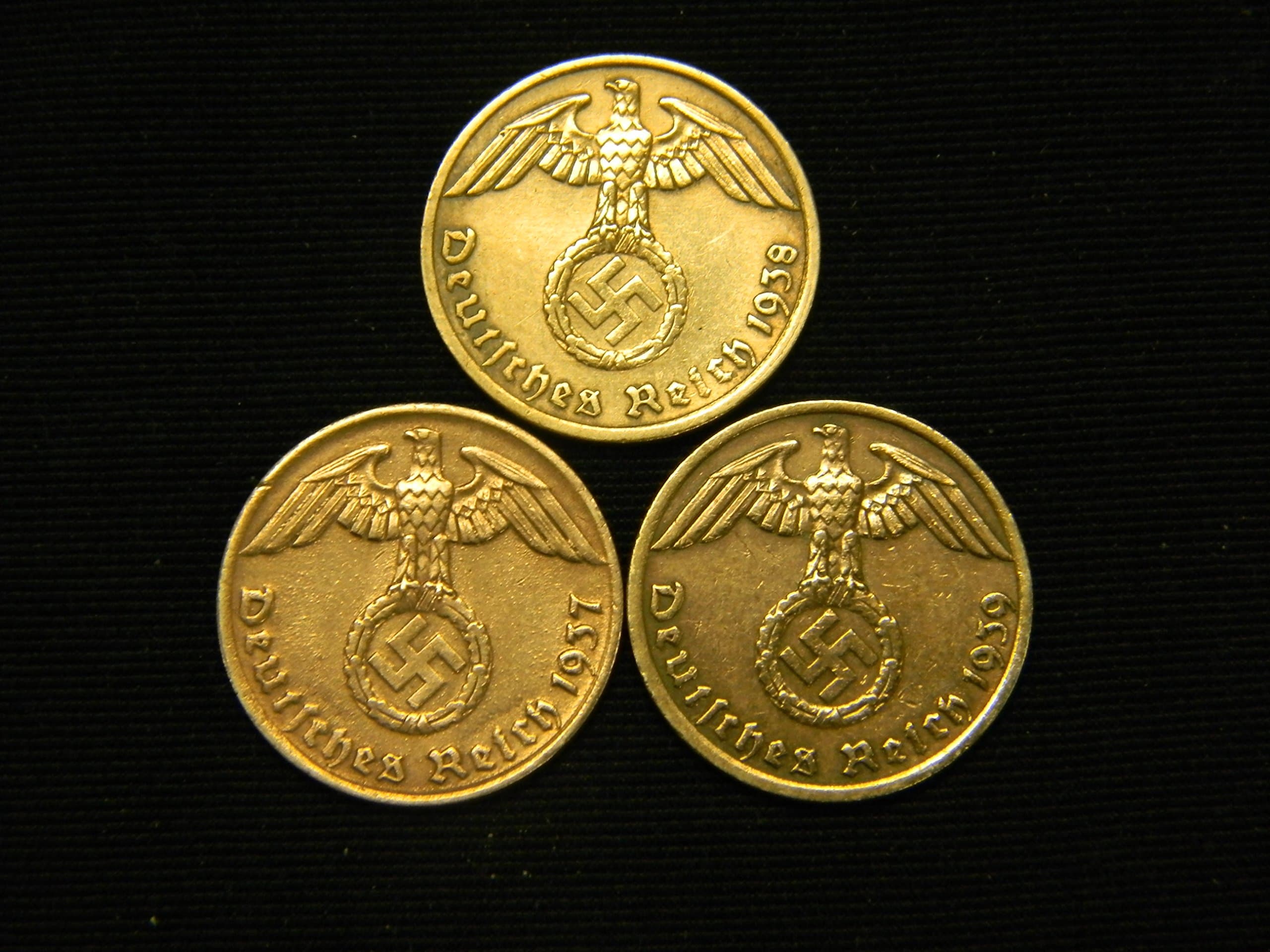 Three Bronze German Third Reich Reichspfennig Coins, 1939A, 1938A & 1937A