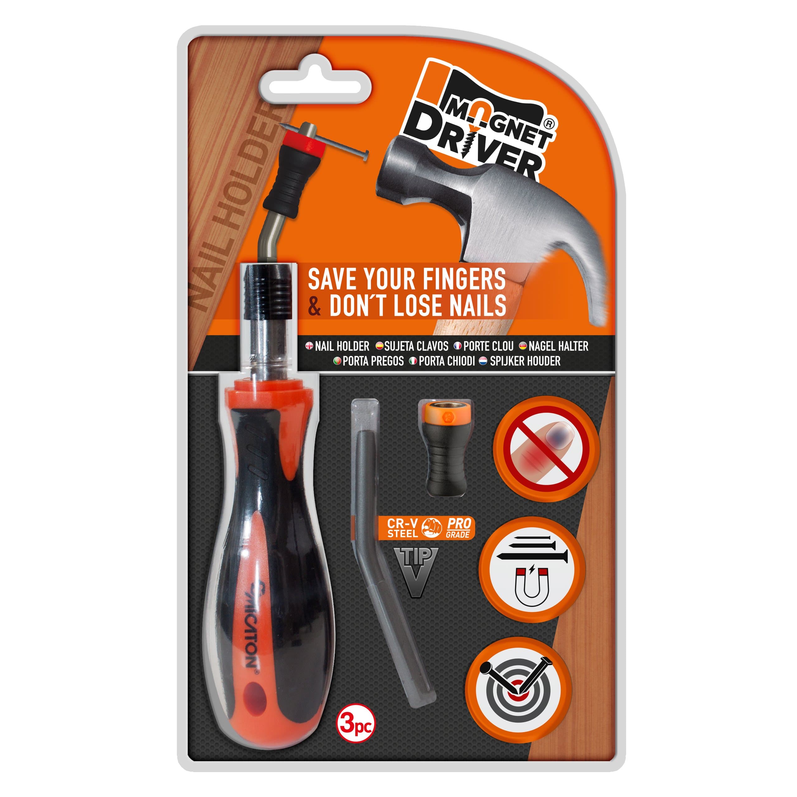 Magnetic Nail Holder MAGNET DRIVER® The Powerful Magnet Holds The Nail in Place in Two Sides Allowing Maximum Grip. This Blister Contains 1 bit Holder, 1 Nail Holder and 1 Orange magnetdriver
