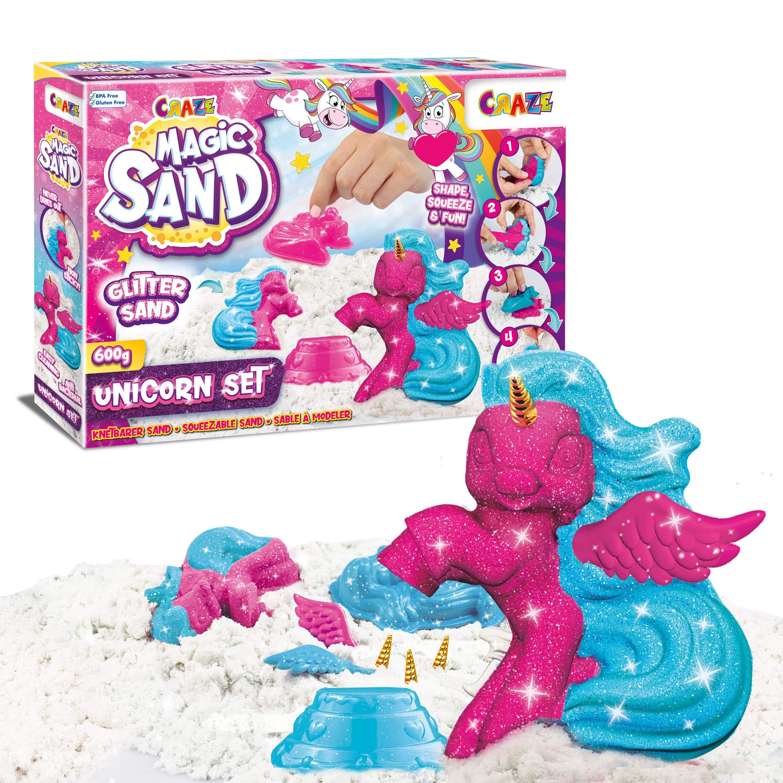 Magic Sand Unicorn Set, Kinetic Sand with Glitter, 600 g, Children's Craft Set with Kneading Sand & Unicorn Shapes, Tri-Colour Unicorn Magic Sand