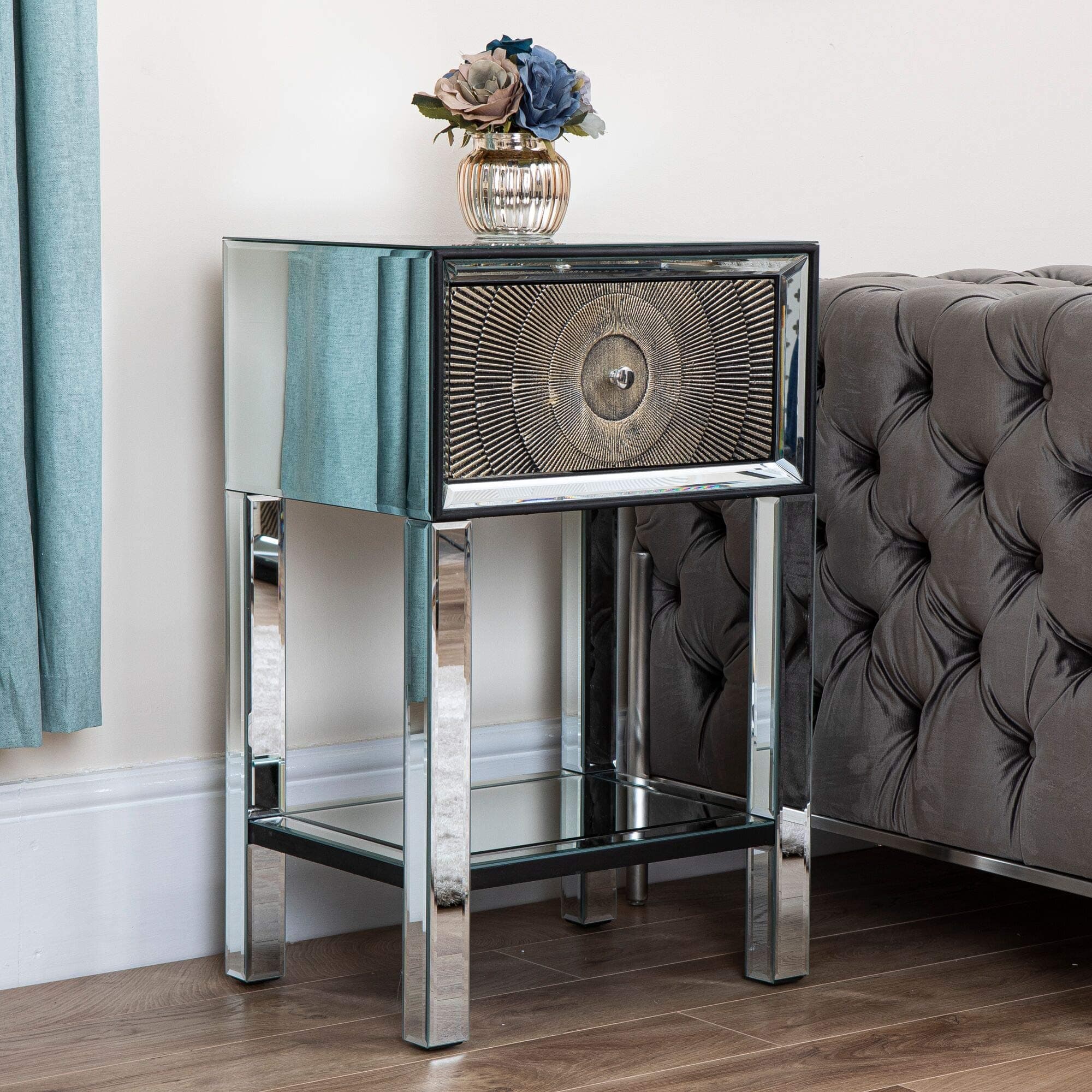 Abreo Mirrored Furniture Gold Black Detail Wooden Panelled Doors Drawers Side Table Console Sideboard Storage for Living Room Dining Room Bedroom (1 Drawer Bedside Table)